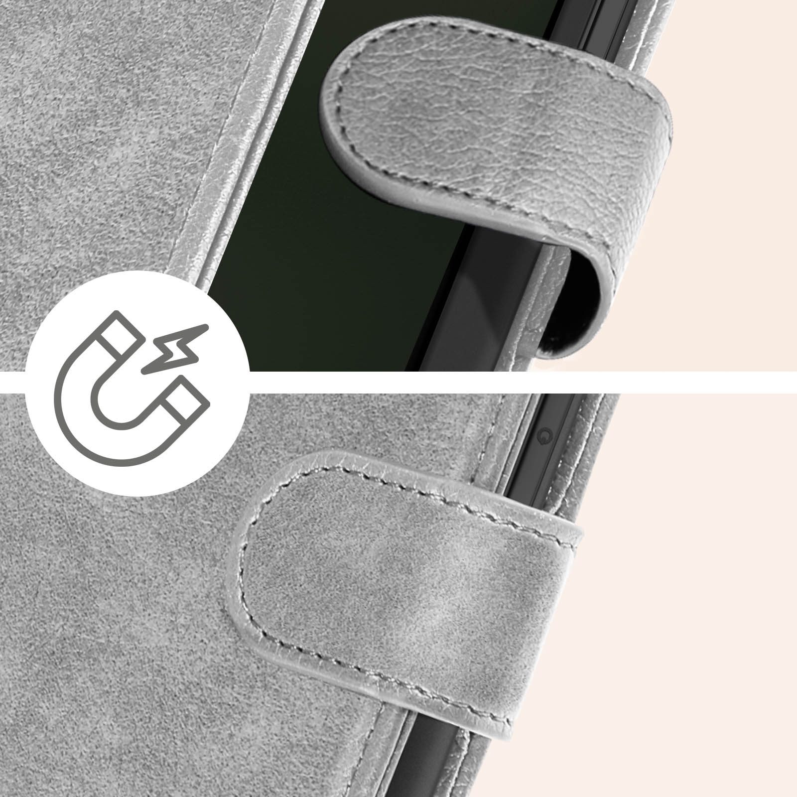 Primo piano di una custodia per telefono con chiusura magnetica. Colore grigio.