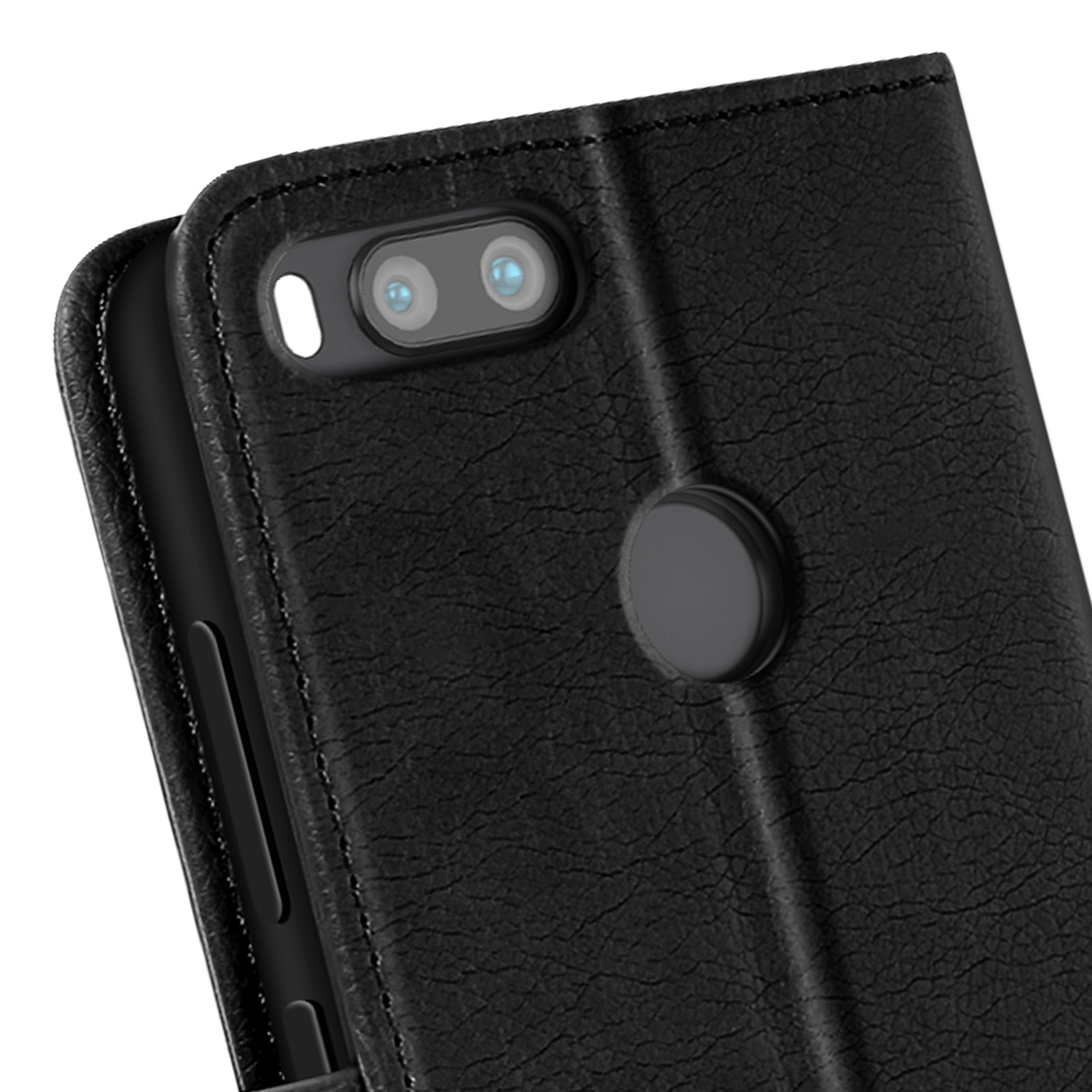 Custodia per telefono nera con doppia fotocamera e sensore di impronte digitali posteriore. Chiusa.