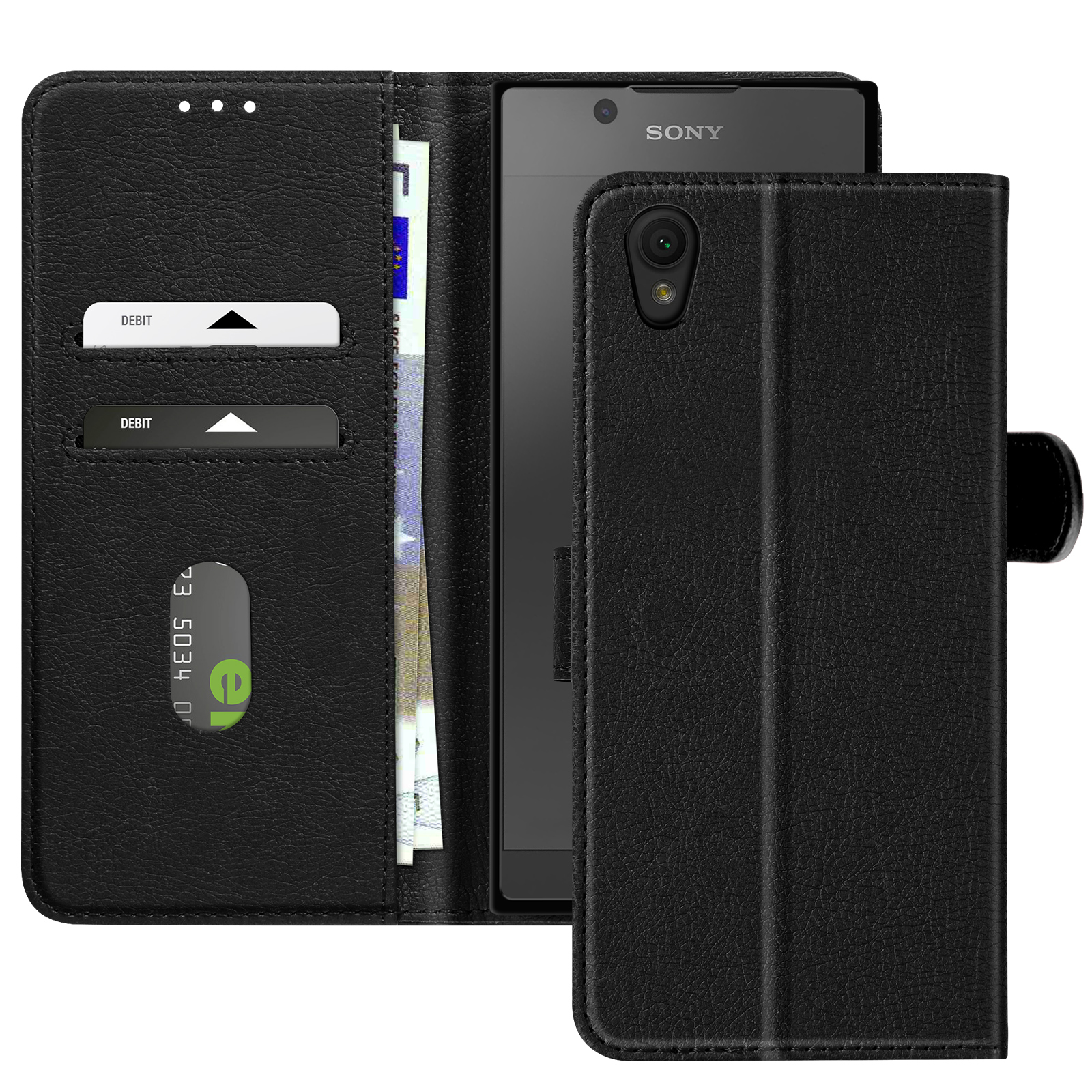 Custodia per telefono nera, aperta, che mostra un telefono, carte e denaro. La custodia ha un pulsante per chiuderla.