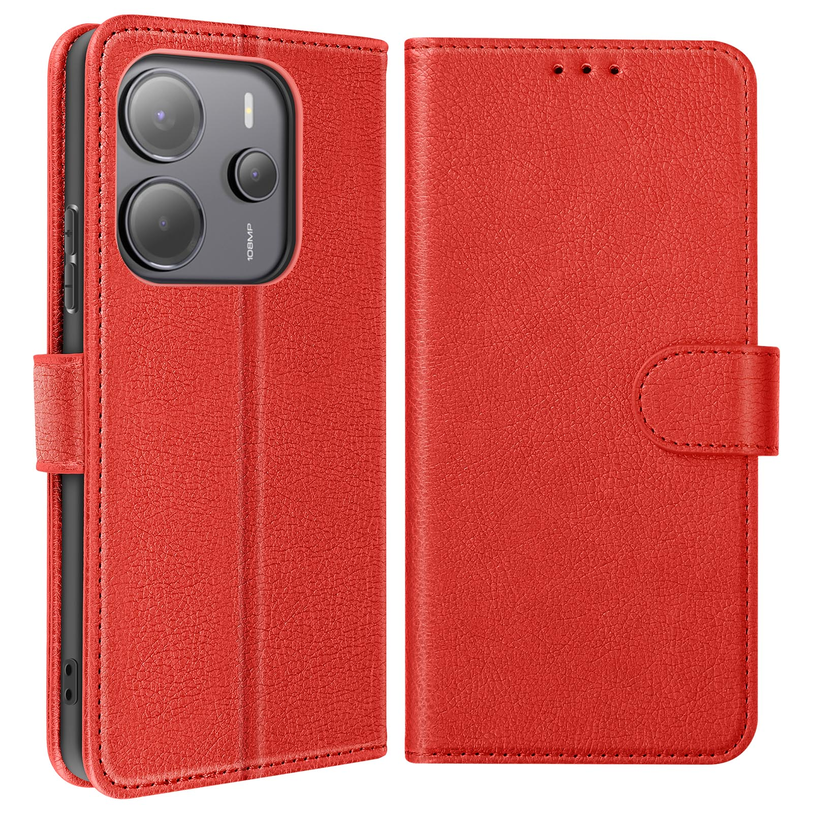Custodia per telefono rossa aperta, che mostra un telefono con tre fotocamere. La custodia ha una chiusura a bottone.
