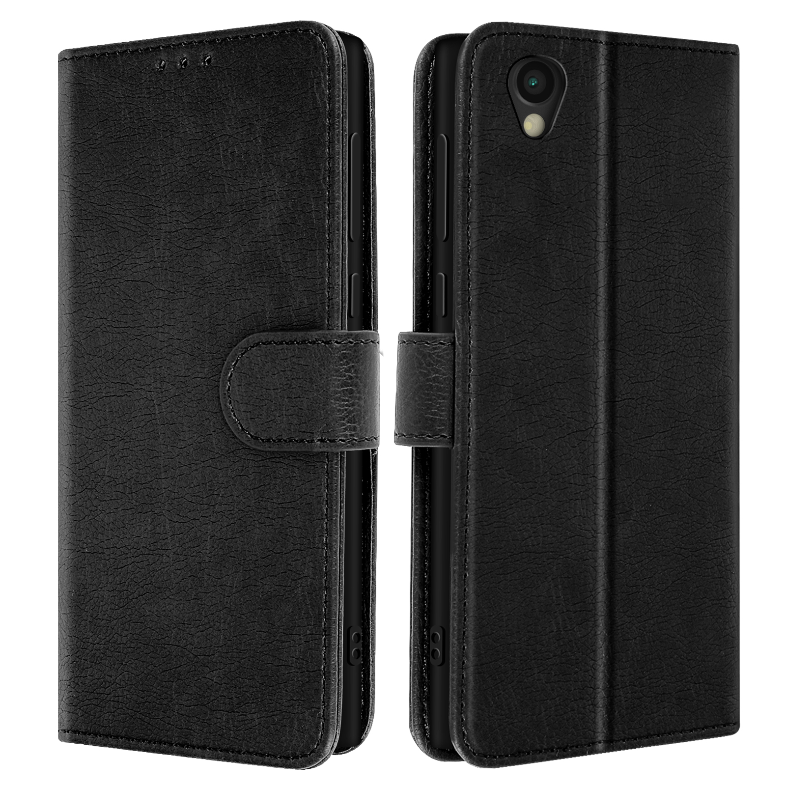 Custodia per telefono in pelle nera, con chiusura magnetica. Sono mostrate viste aperte e chiuse.
