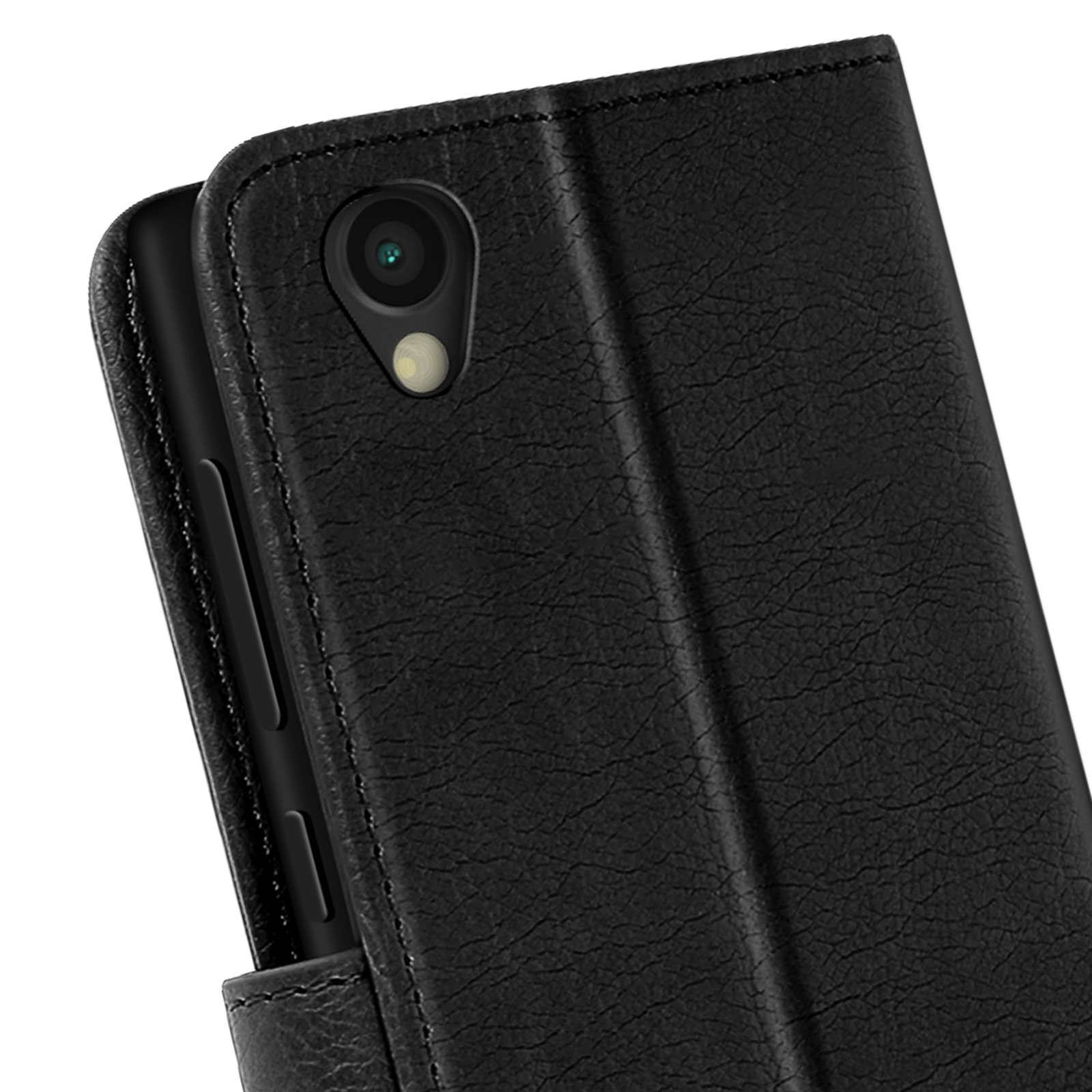 Custodia per telefono nera aperta. Mostra la fotocamera del telefono, con una protezione.