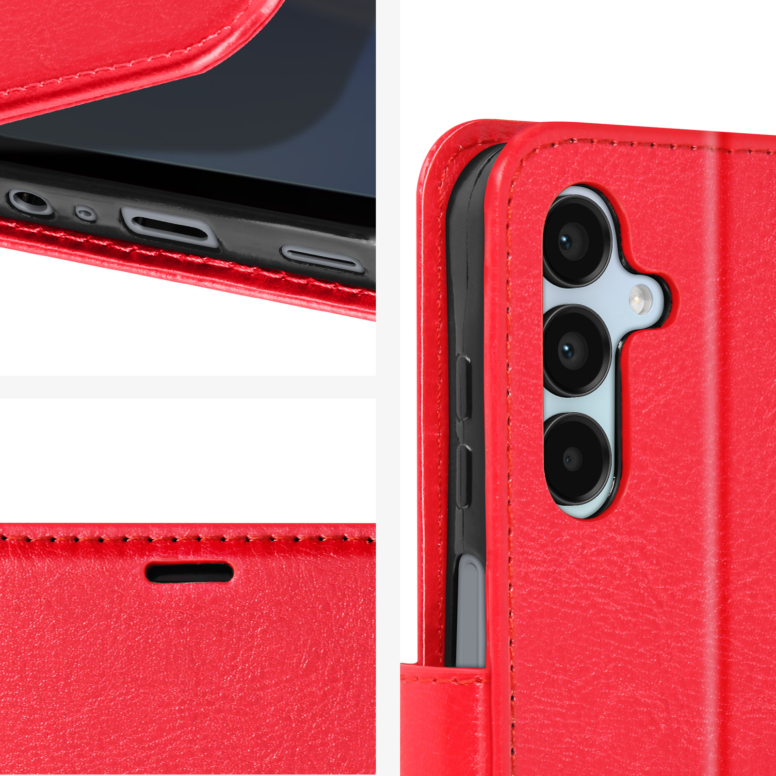 Nahaufnahme einer roten Handyhülle. Kamera und Knöpfe zeigend. Rotes Leder.