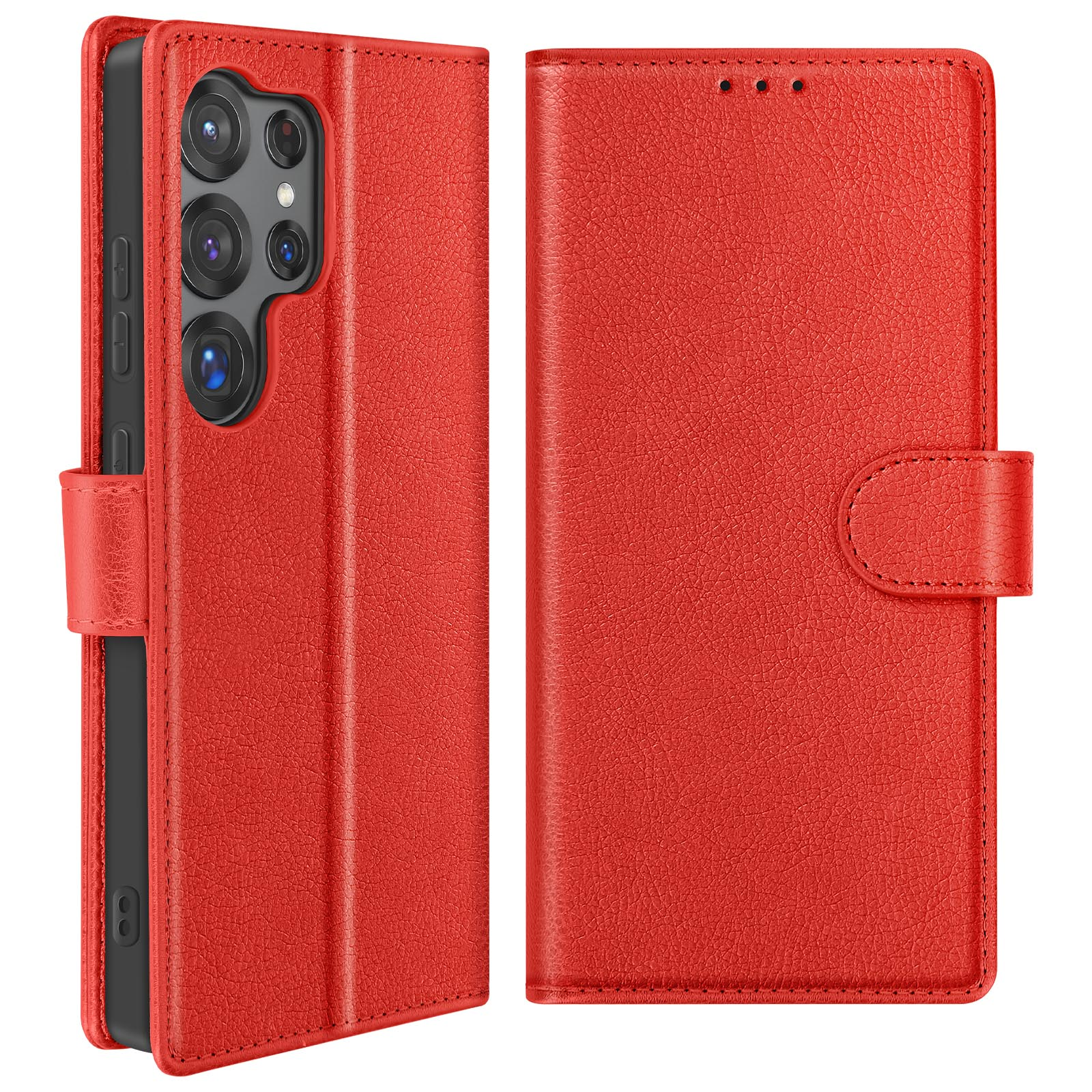 Custodia per telefono in pelle rossa. Aperta, con telefono visibile, e chiusa. Chiusura magnetica.