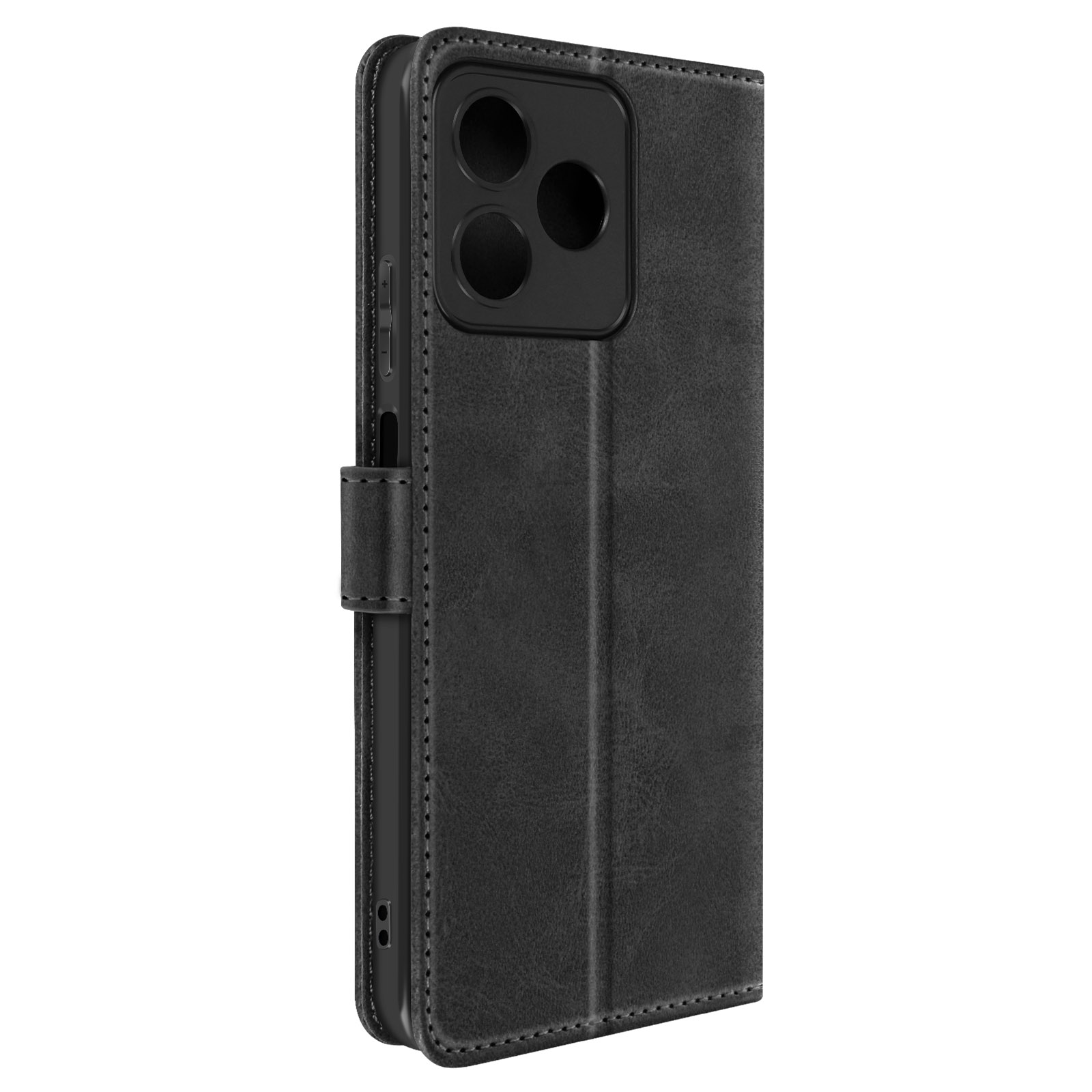 Custodia nera per telefono con tre ritagli per fotocamera. Chiusa, su superficie bianca.