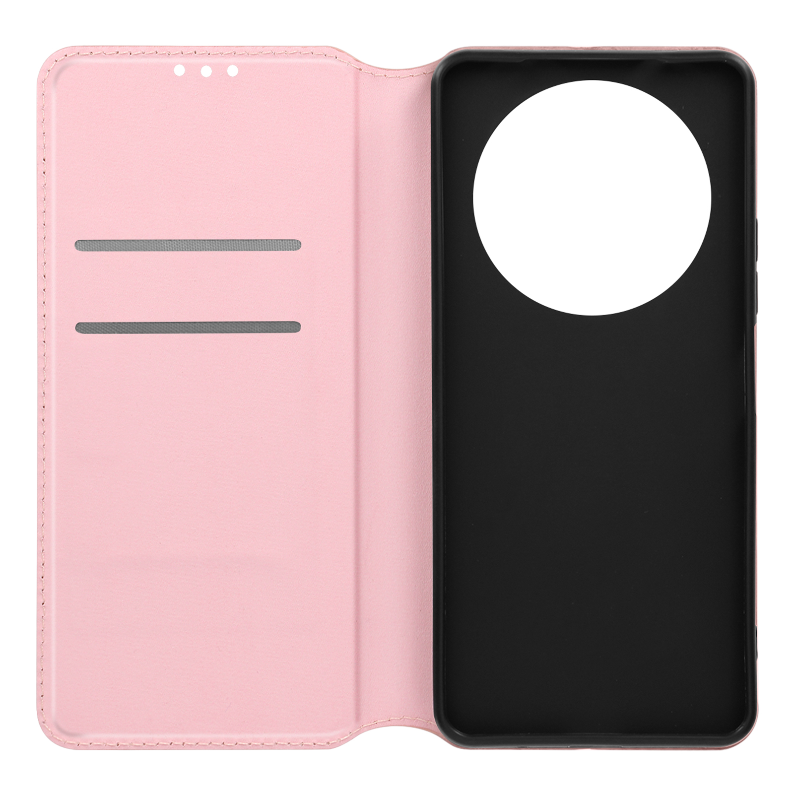 Custodia rosa aperta. Cerchio bianco al centro. Due fessure per carte.