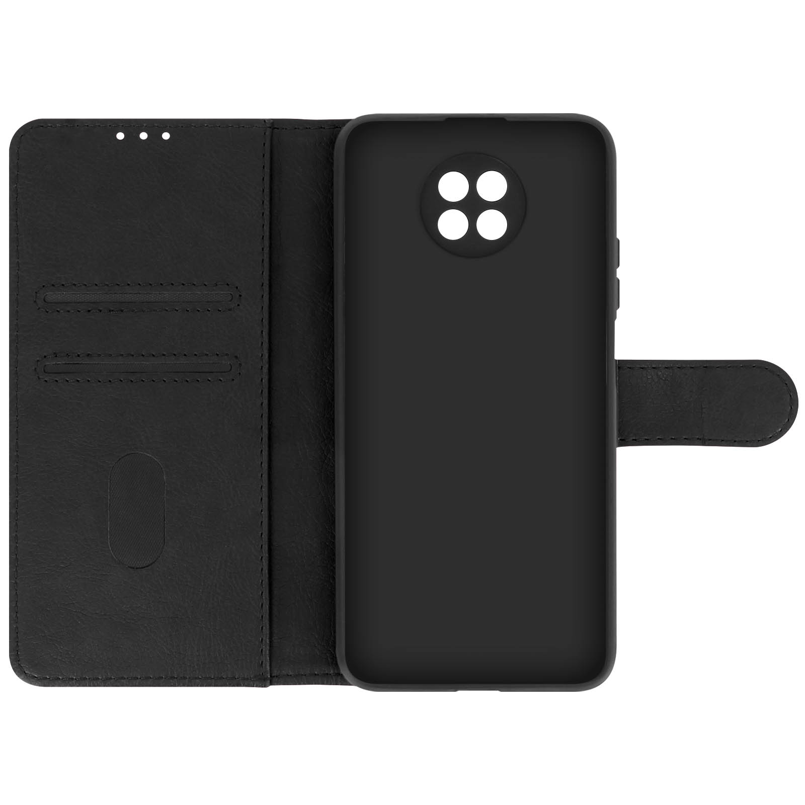Custodia per telefono nera aperta con telefono dentro. La custodia ha fessure per carte.