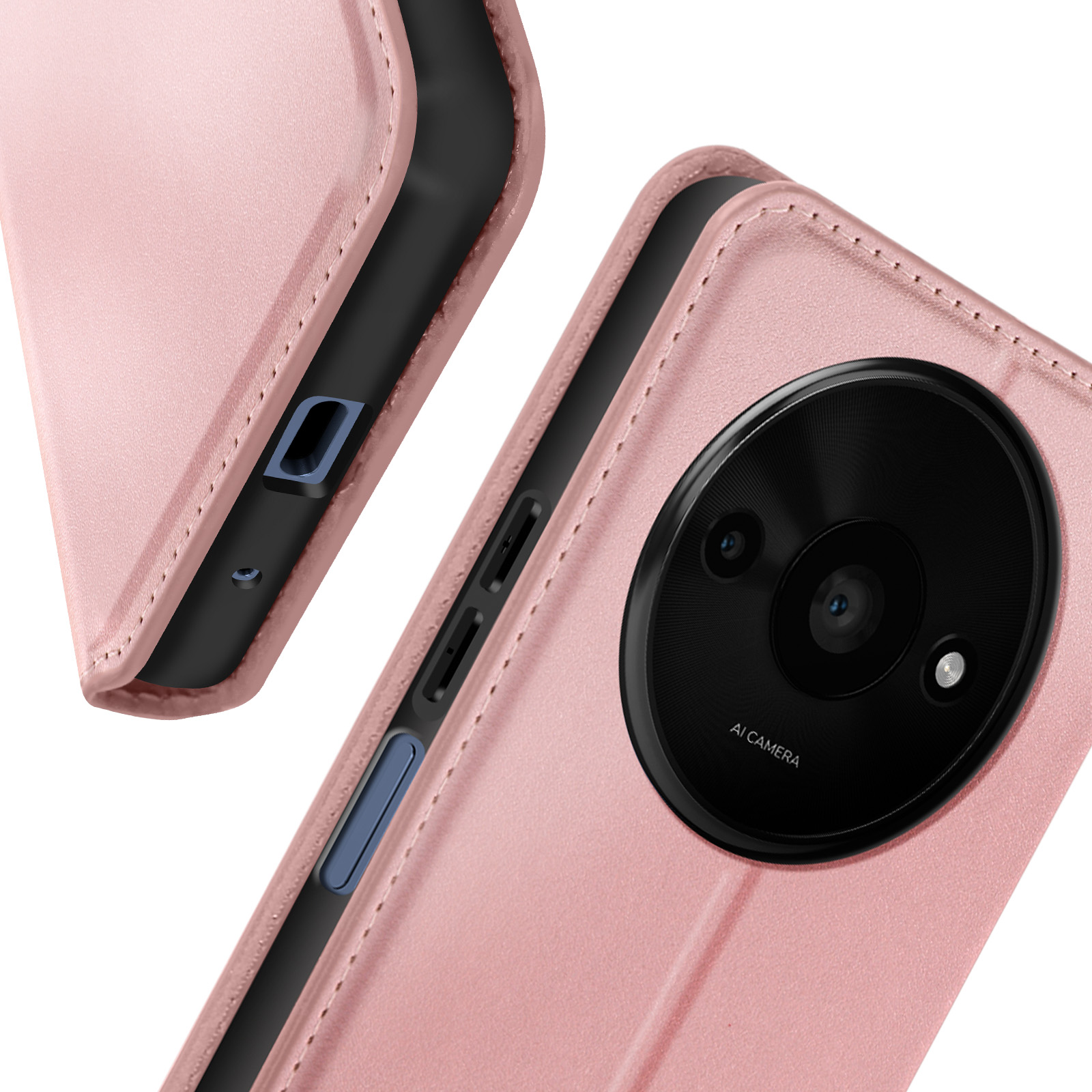 Custodia per telefono rosa, primo piano, che mostra le lenti della fotocamera e l'interno della custodia. La custodia ha una superficie liscia.