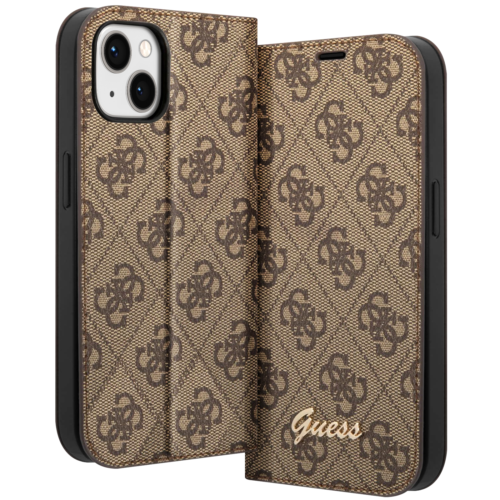 Custodia marrone fantasia con logo Guess, vista aperta e chiusa.