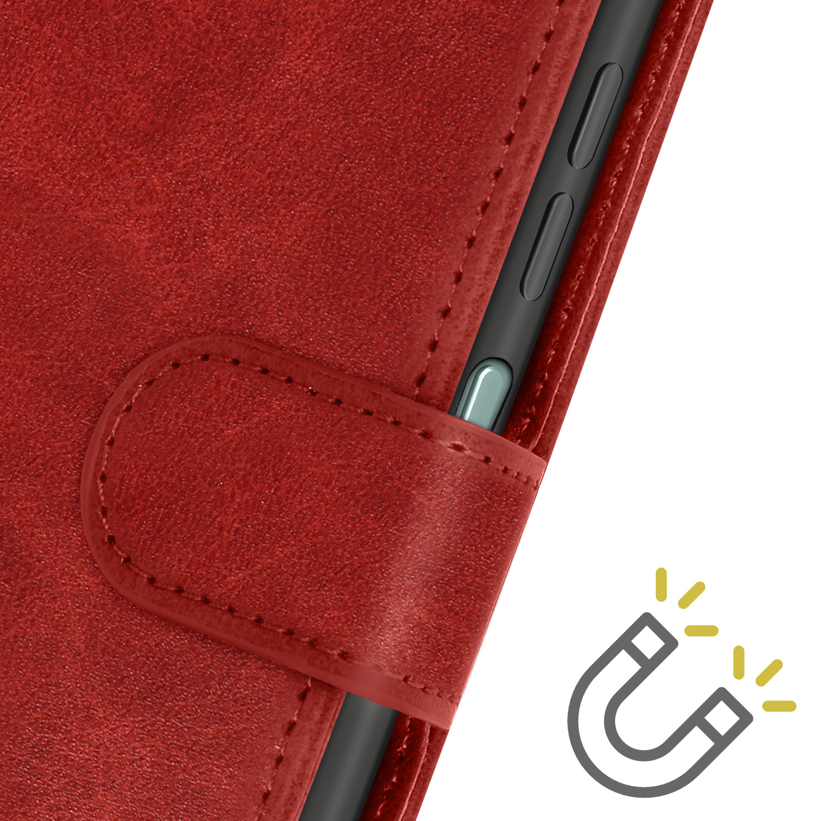 Custodia per telefono in pelle rossa con chiusura magnetica. Si vede un telefono nero.