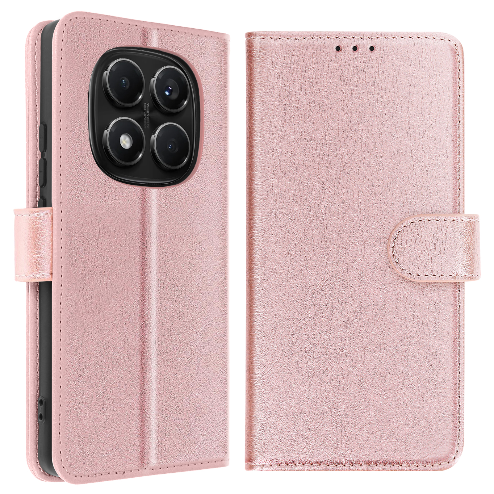 Custodia per telefono rosa con telefono all'interno, che mostra le fotocamere e una chiusura.