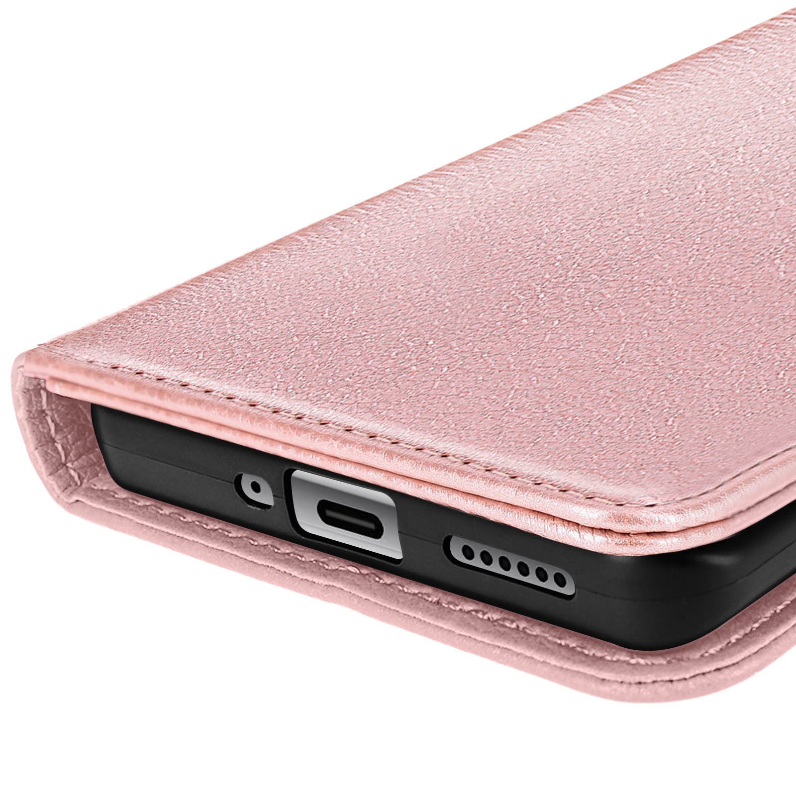 Dettaglio della custodia rosa del telefono che mostra la parte inferiore del telefono e il design della custodia.