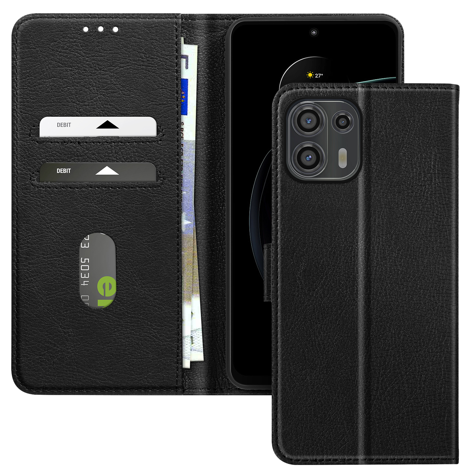 Custodia nera aperta, con carte e denaro, telefono a destra.