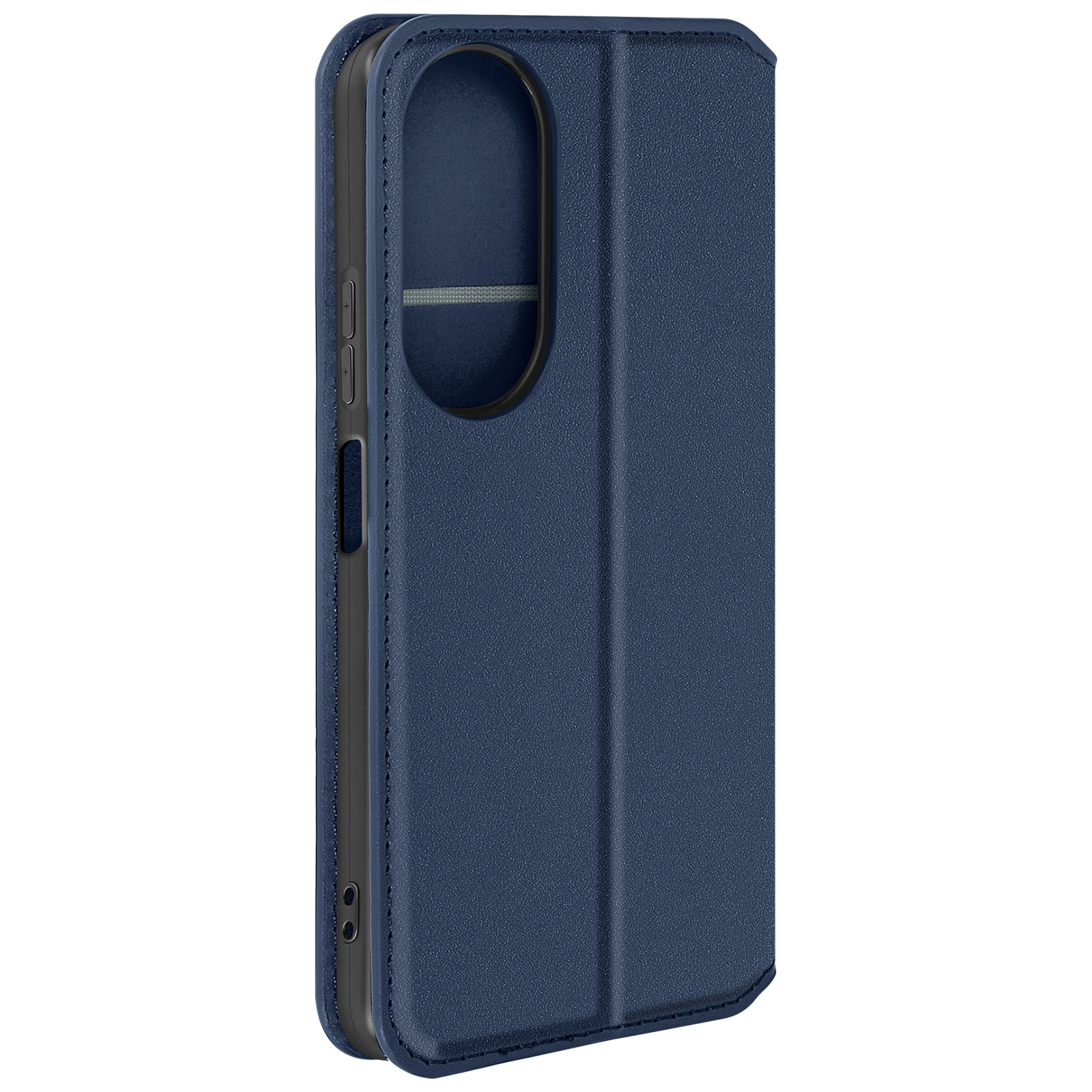 Custodia per telefono in pelle blu, chiusa. Mostra il lato con i pulsanti e il ritaglio della fotocamera.
