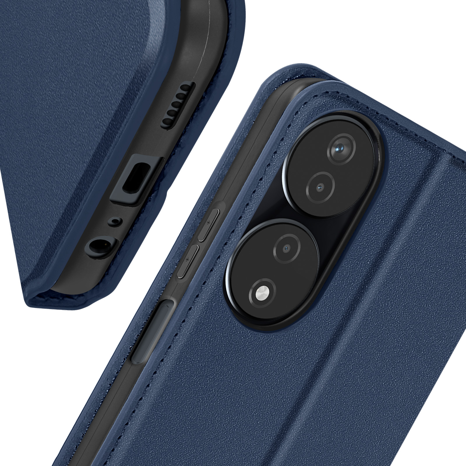 Una custodia blu per telefono contiene un telefono con fotocamere e porte. Il telefono ha un design curvo.
