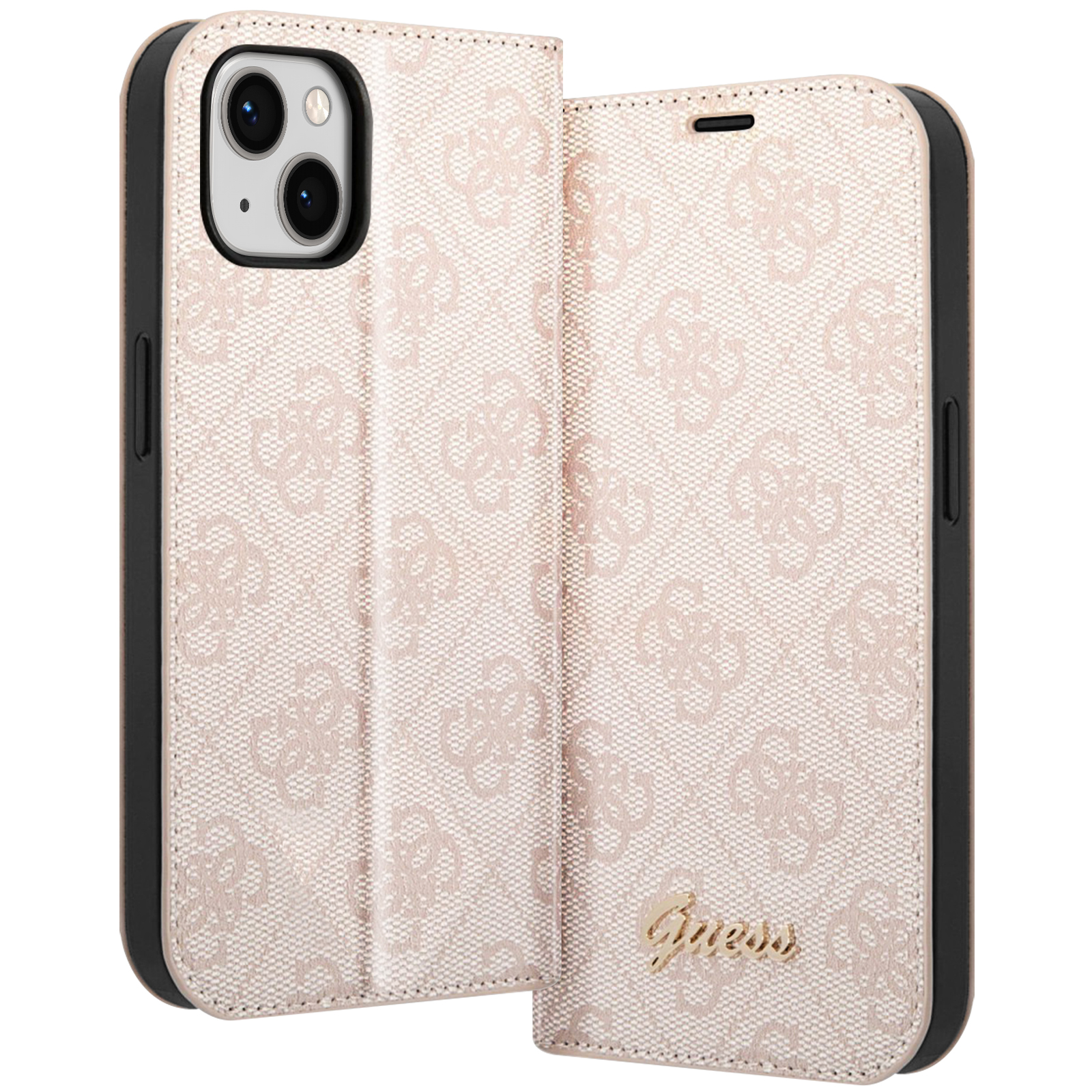 Custodia rosa chiaro aperta con motivo ripetuto. Con supporto per telefono e logo Guess.