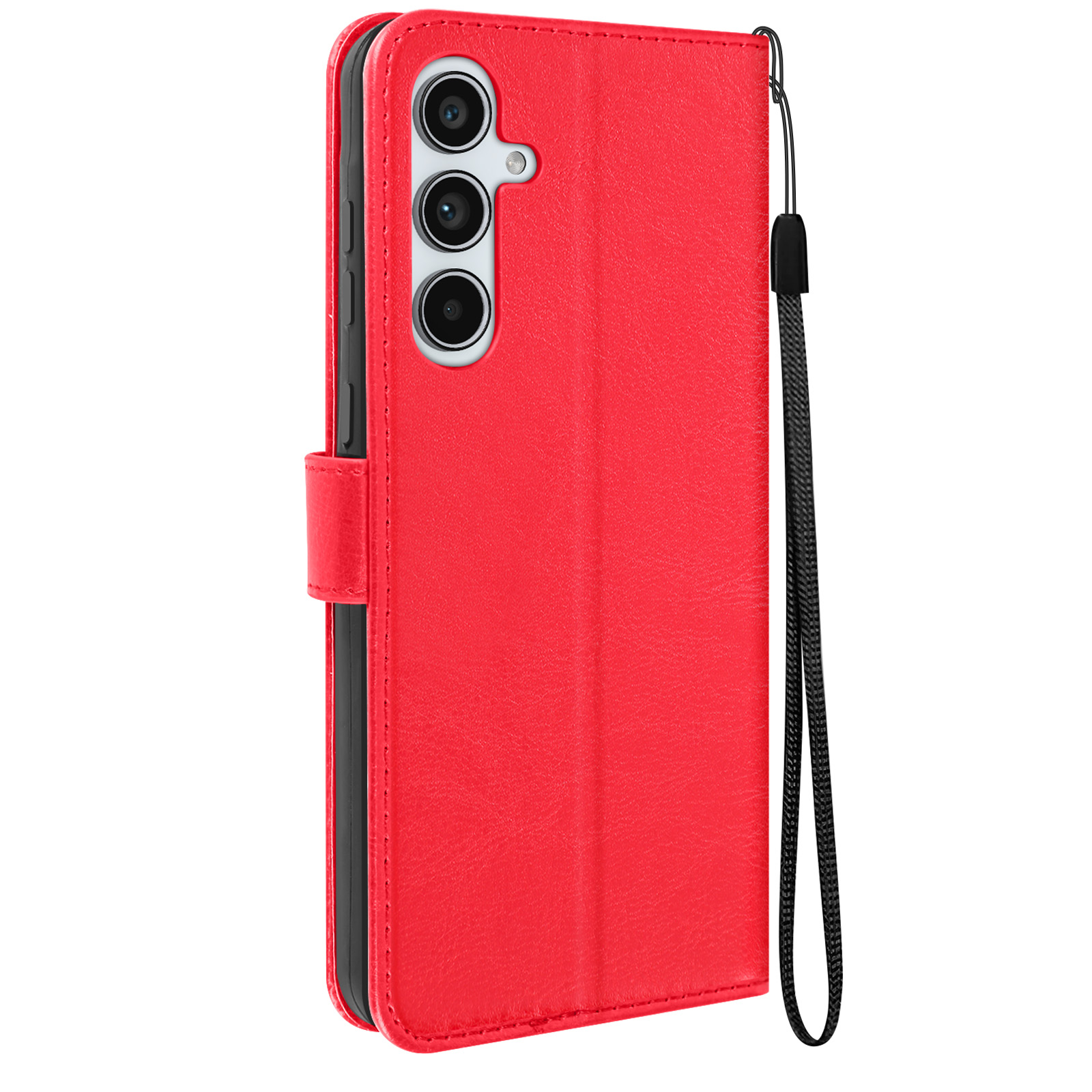 Custodia rossa per telefono, chiusa, con tre obiettivi e un cinturino da polso.
