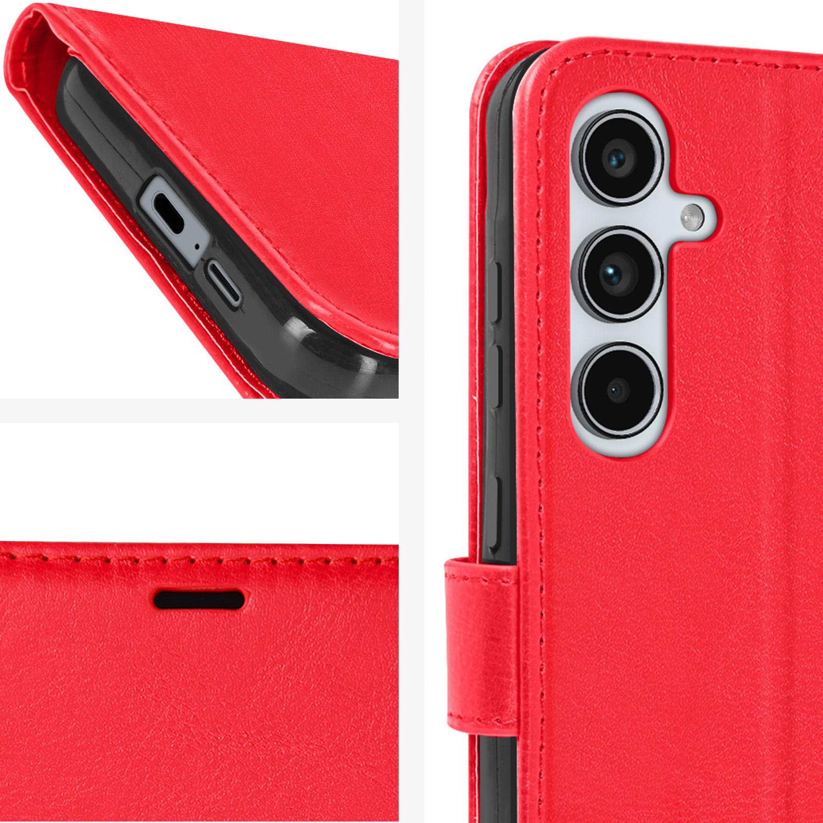 Custodia rossa per telefono, riprese dettagliate. Porte, pulsanti, cuciture. Telefono nero all'interno.