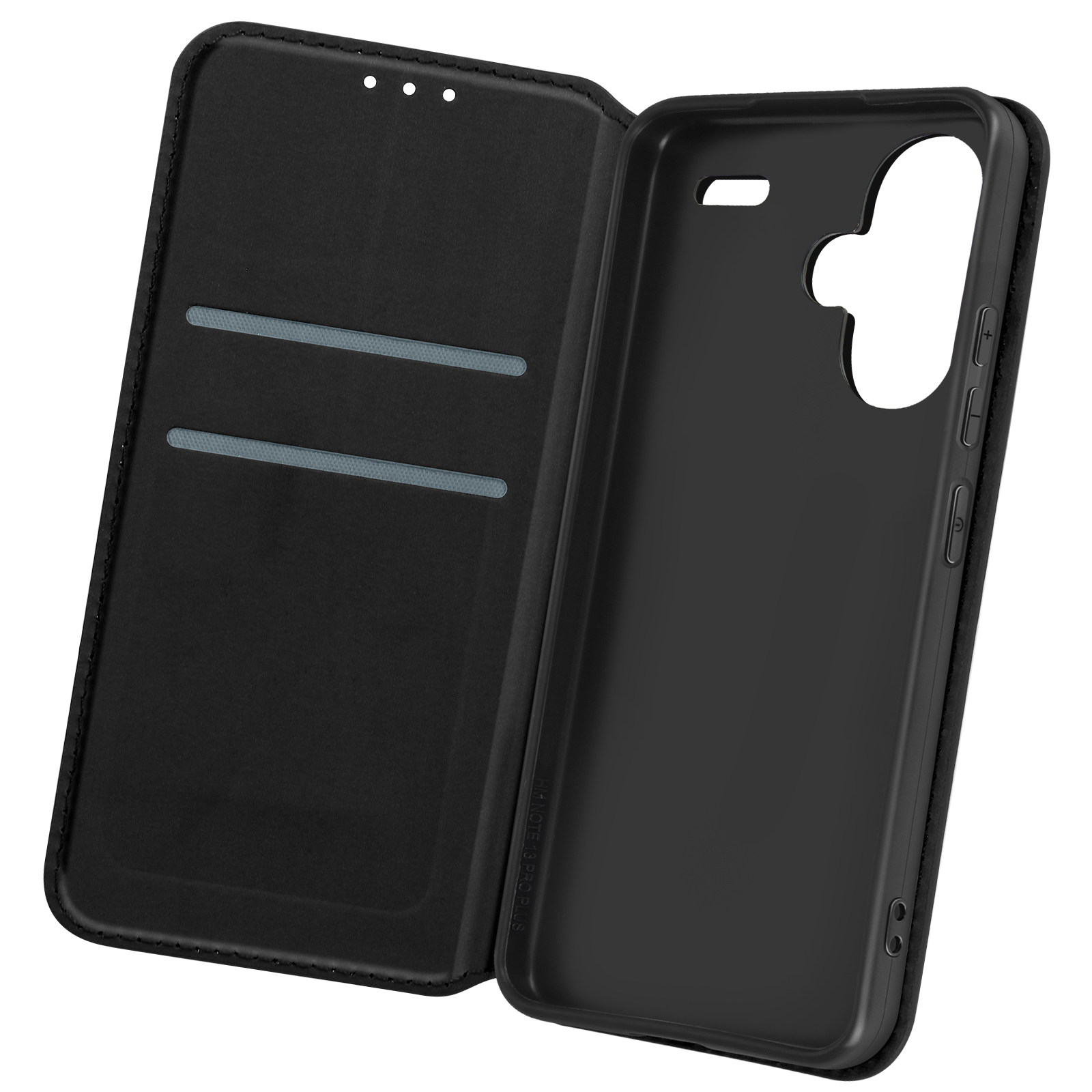 Custodia nera aperta con fessure per carte. La cornice del telefono e i pulsanti laterali sono visibili.