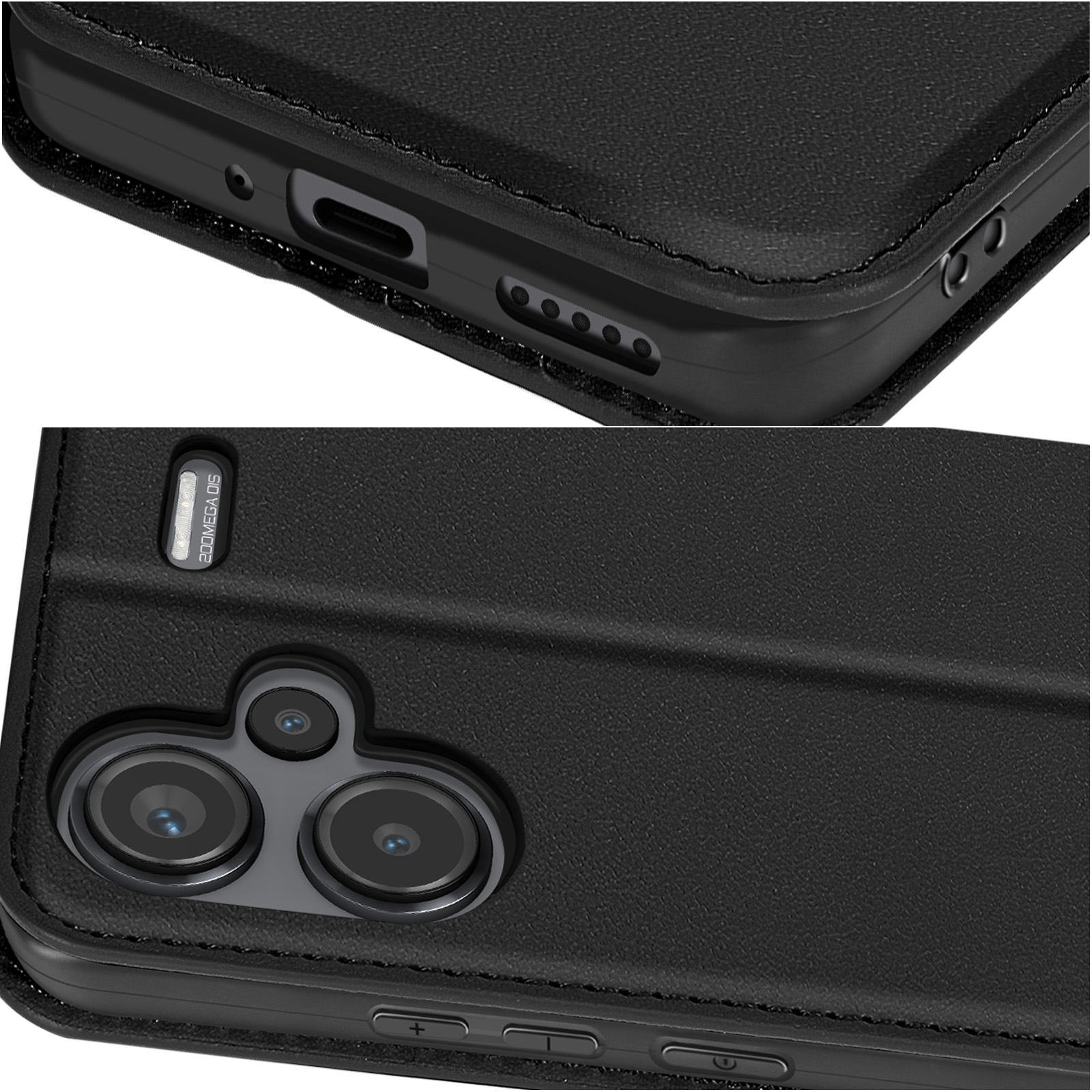 Primo piano di una custodia nera per telefono con lenti della fotocamera e pulsanti.