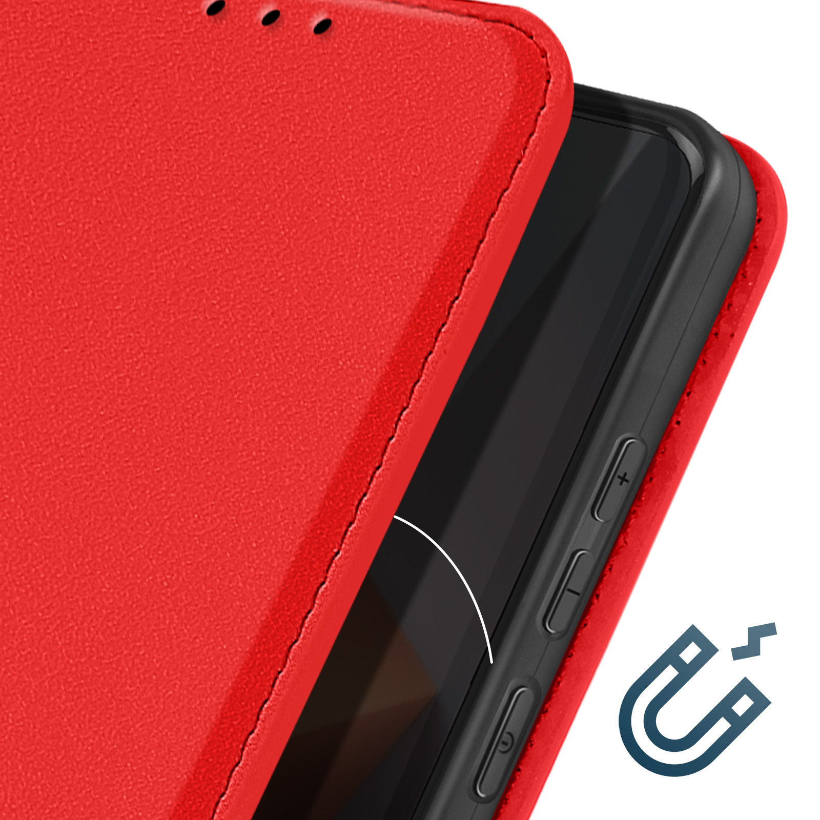 Custodia per telefono rossa aperta con telefono dentro. Simbolo del magnete.