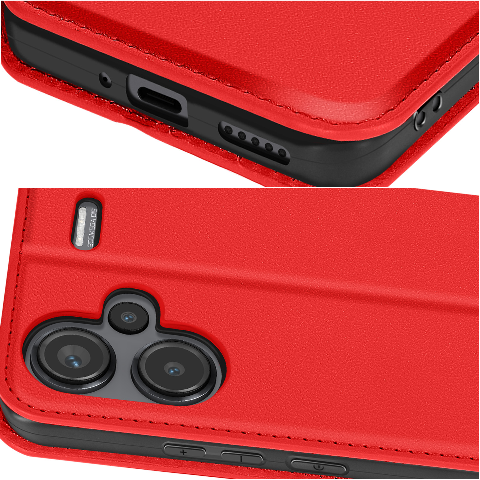 Primi piani di una custodia rossa per telefono. Sono visibili i dettagli delle lenti della fotocamera, delle porte e delle aperture degli altoparlanti.