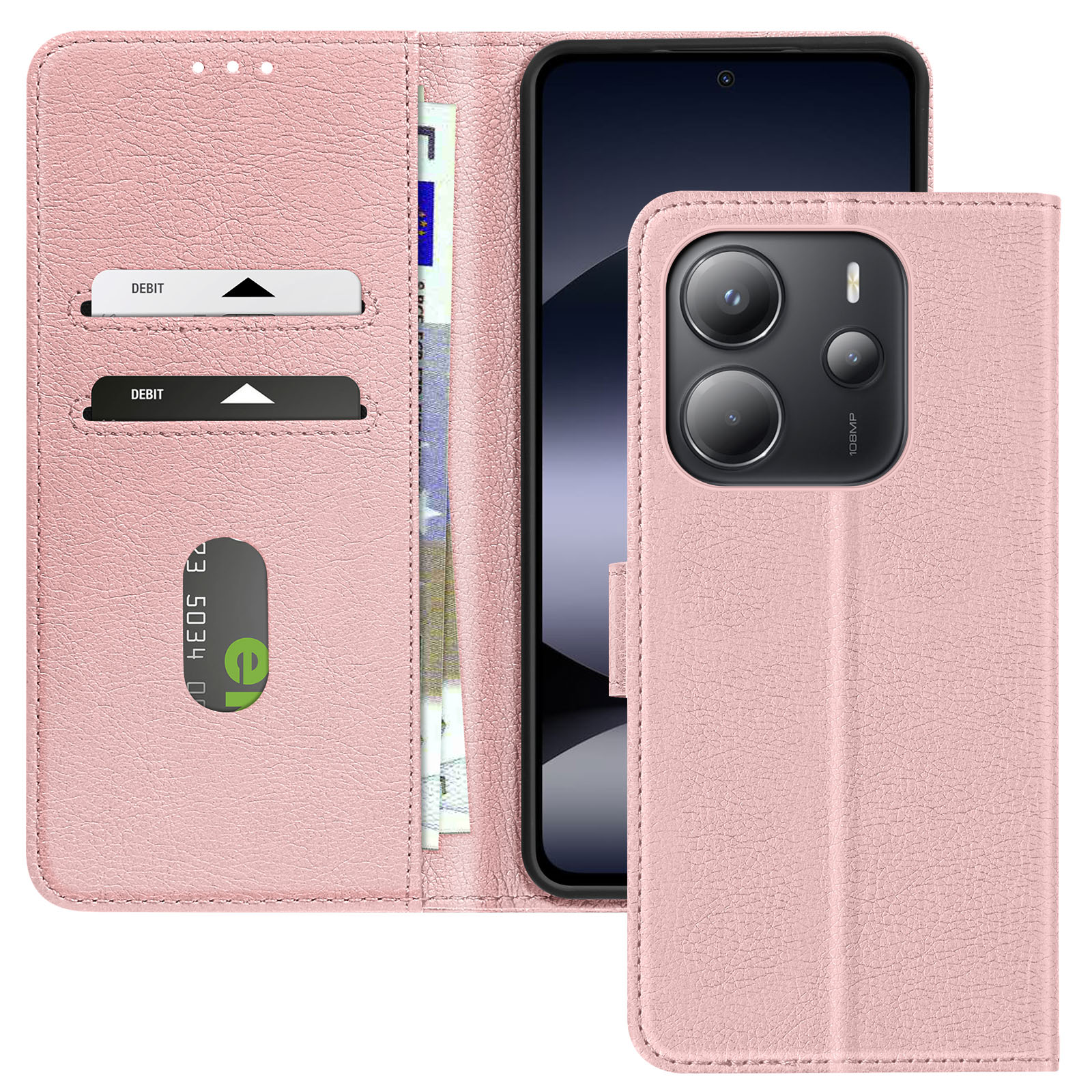 Custodia rosa aperta, che mostra un telefono, carte e una chiusura magnetica.