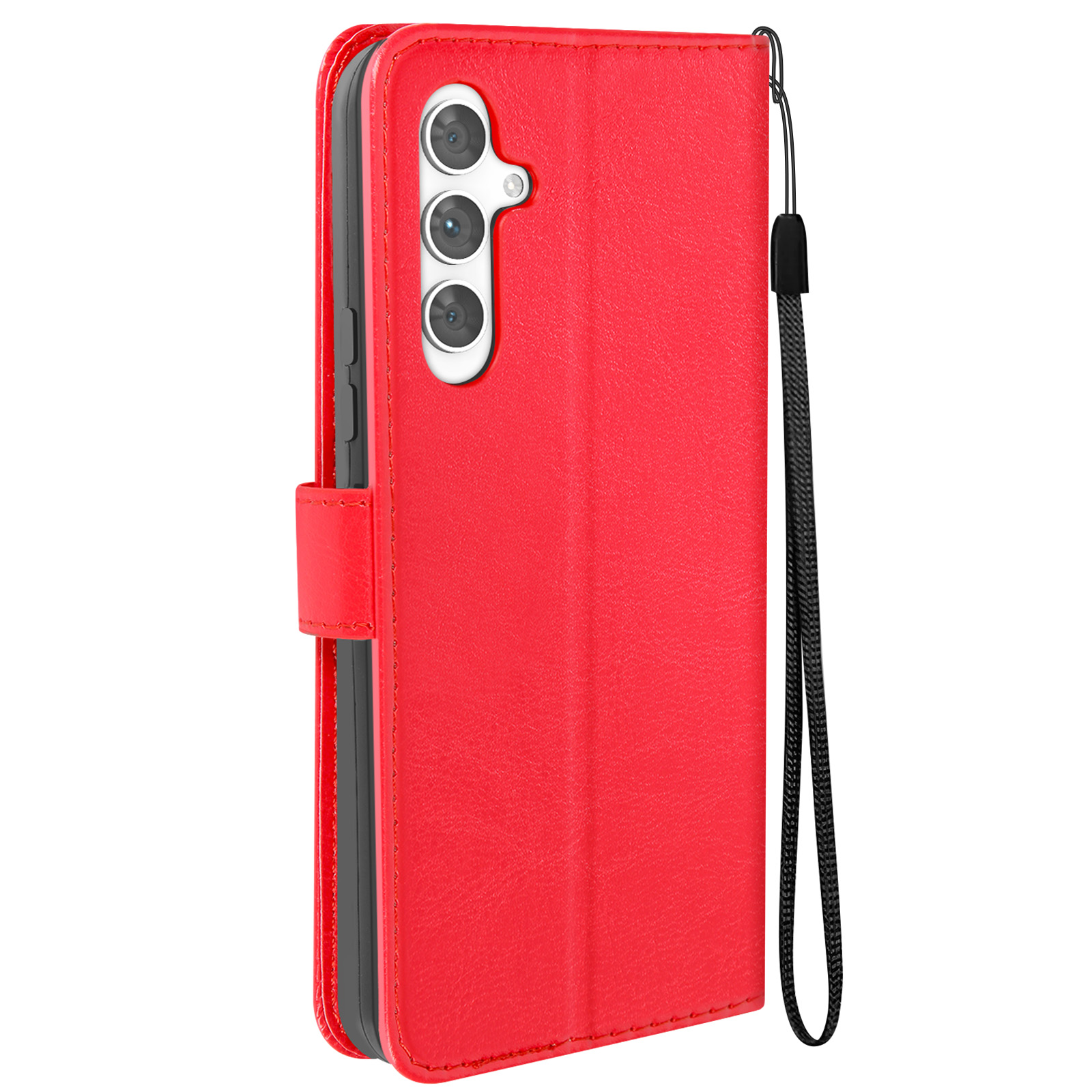 Custodia rossa per telefono con tre obiettivi della fotocamera. È attaccato un cinturino nero. Vista laterale.