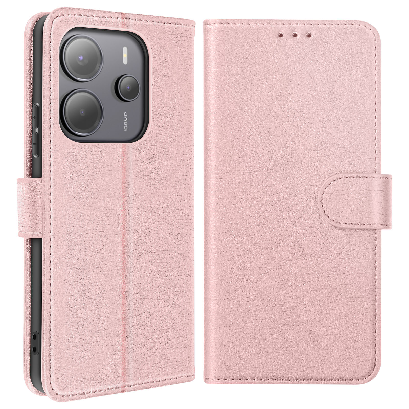 Custodia per telefono rosa con telefono all'interno, che mostra la fotocamera. La custodia è aperta e ha una chiusura.