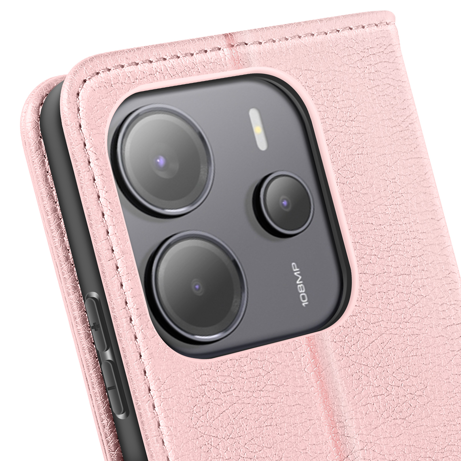 Custodia per telefono rosa, aperta. Lenti della fotocamera visibili. Custodia in pelle rosa.