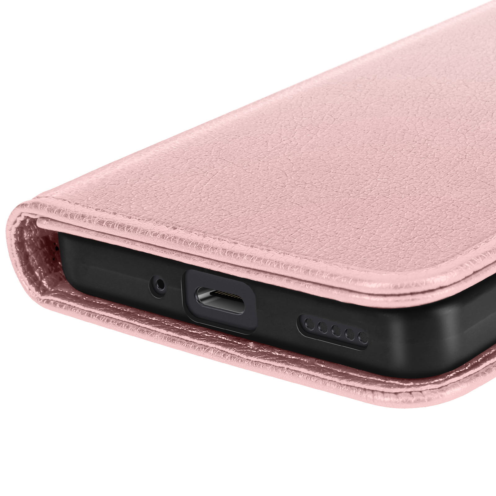 Custodia per telefono rosa, primo piano della parte inferiore. Aperta, mostra la porta di ricarica e l'altoparlante.