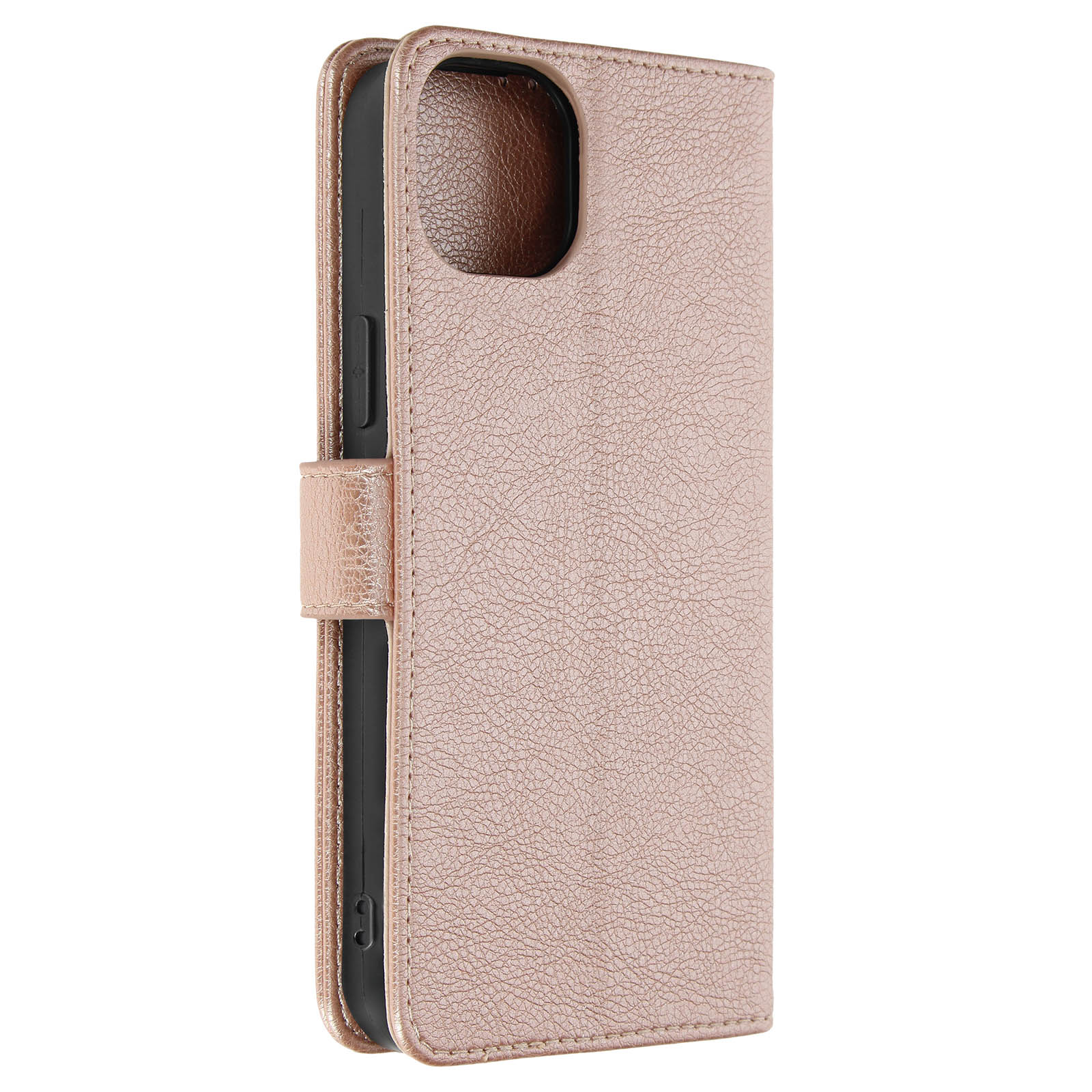 Custodia per telefono rosa con chiusura a scatto. La custodia è strutturata.