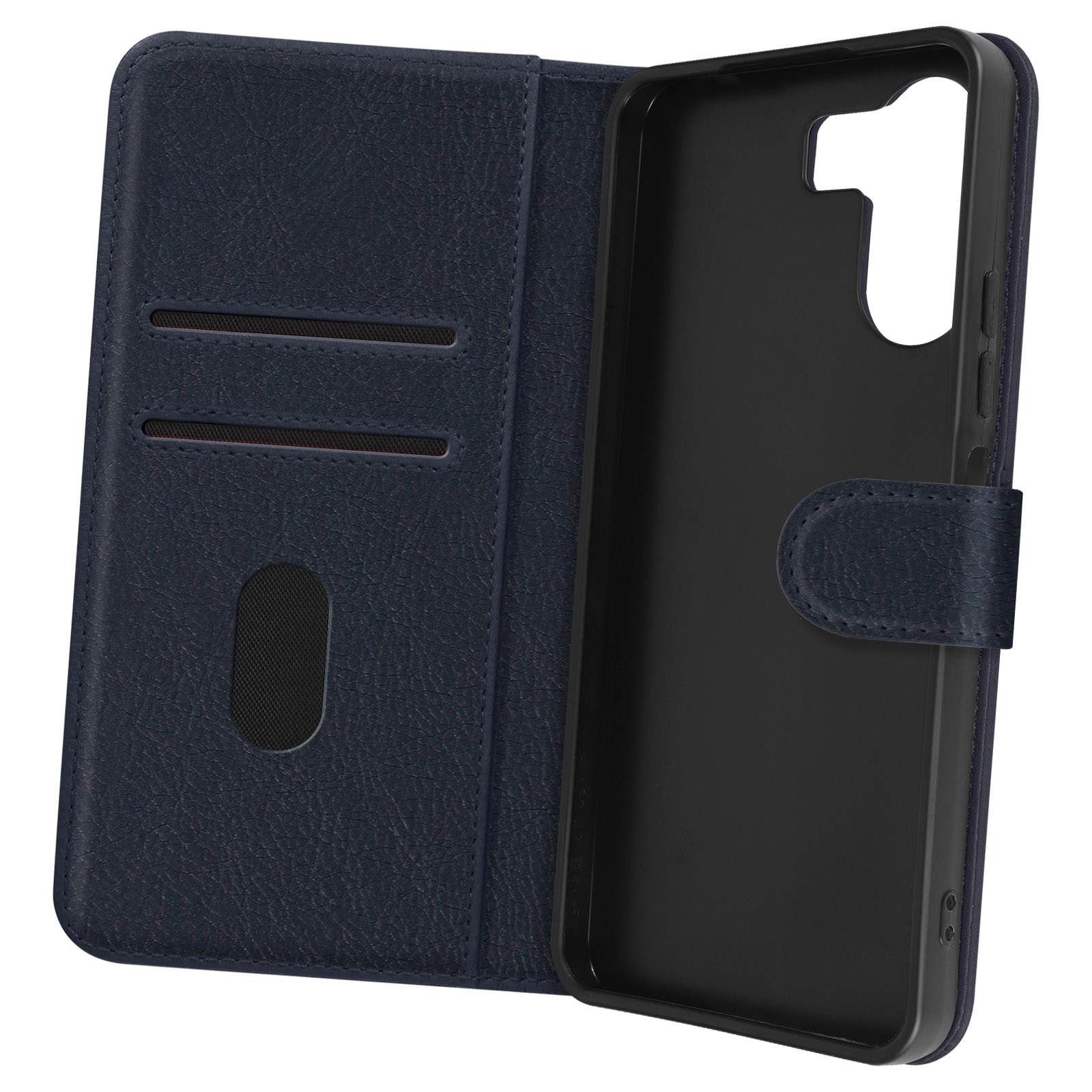 Blaue Handyhülle offen, mit Kartenfächern und Telefonhalter mit Knopfverschluss.
