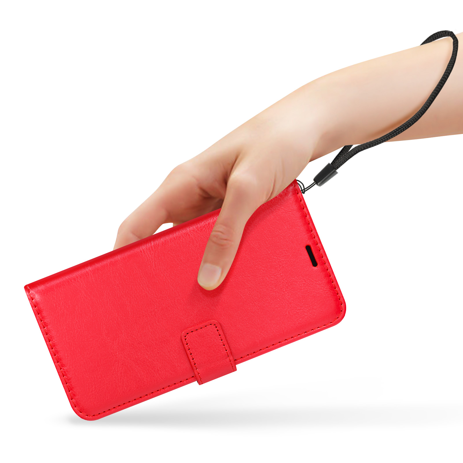 Mano che tiene una custodia per telefono rossa con cinturino da polso.