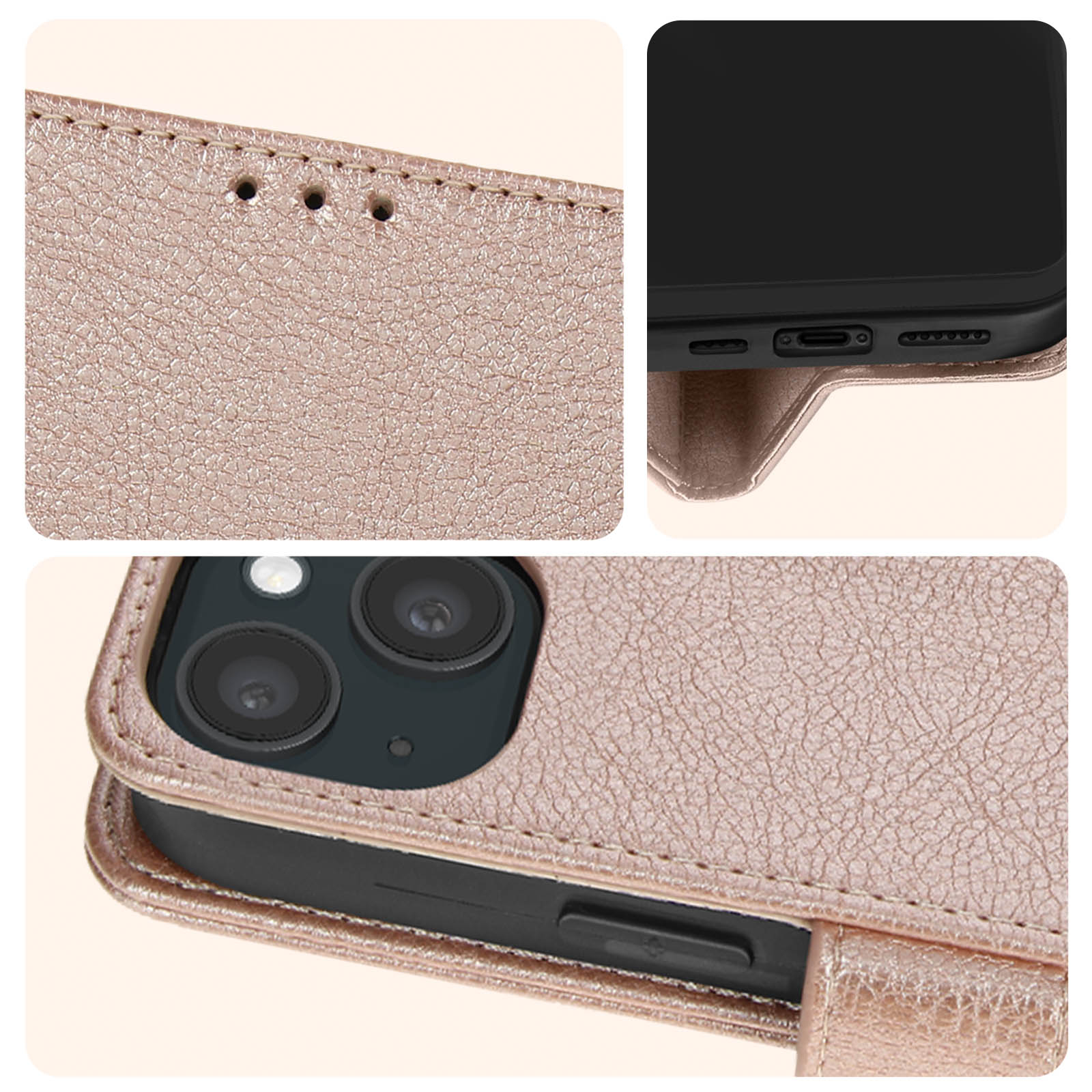 Dettagli della custodia per telefono oro rosa: trame, cuciture, ritagli della fotocamera e bordi del telefono.