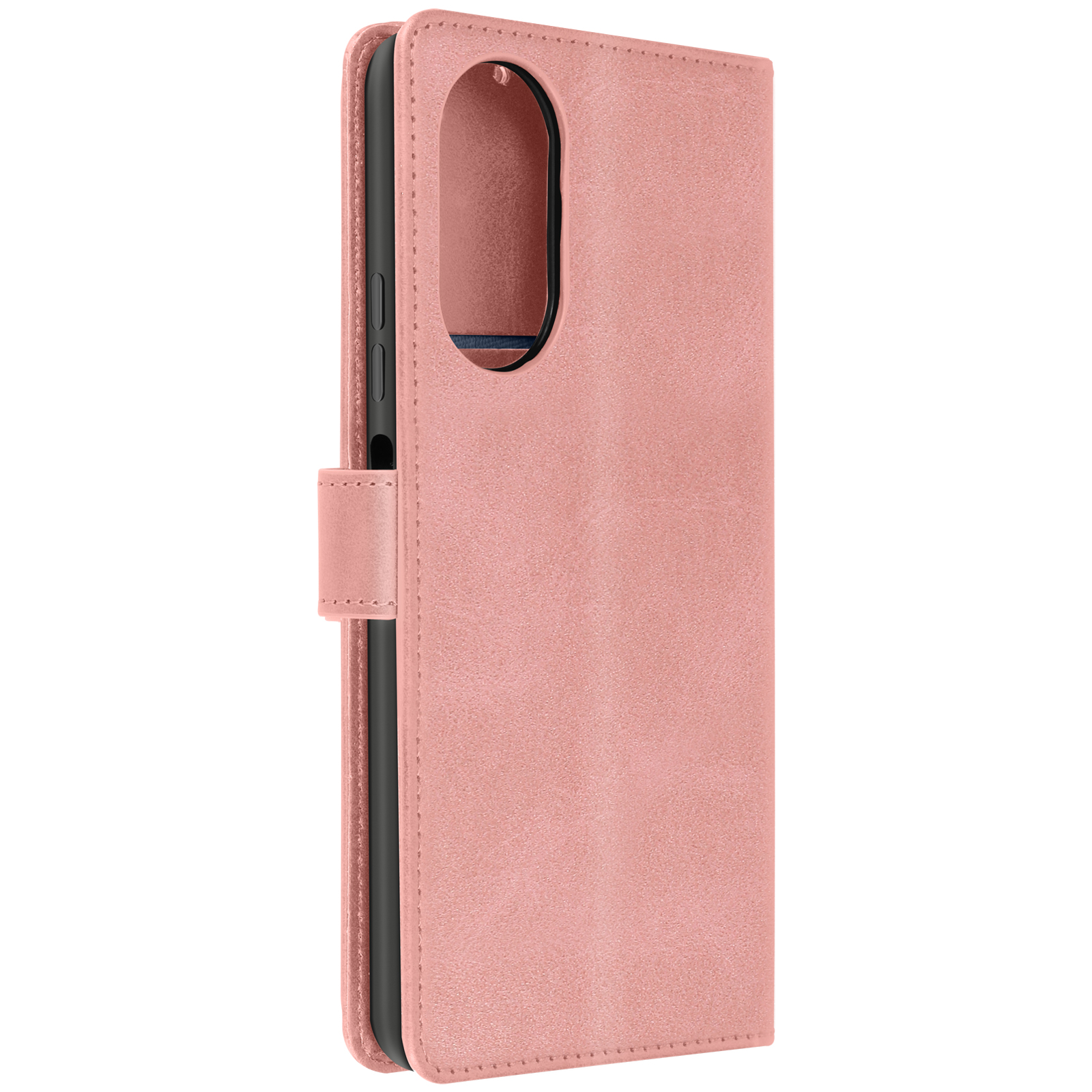 Custodia rosa per telefono con interno nero. Ha una chiusura magnetica.