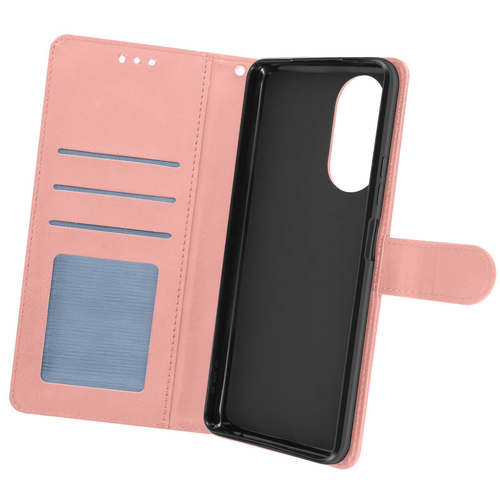 Custodia per telefono rosa aperta che mostra il telefono all'interno. La custodia ha fessure per carte.