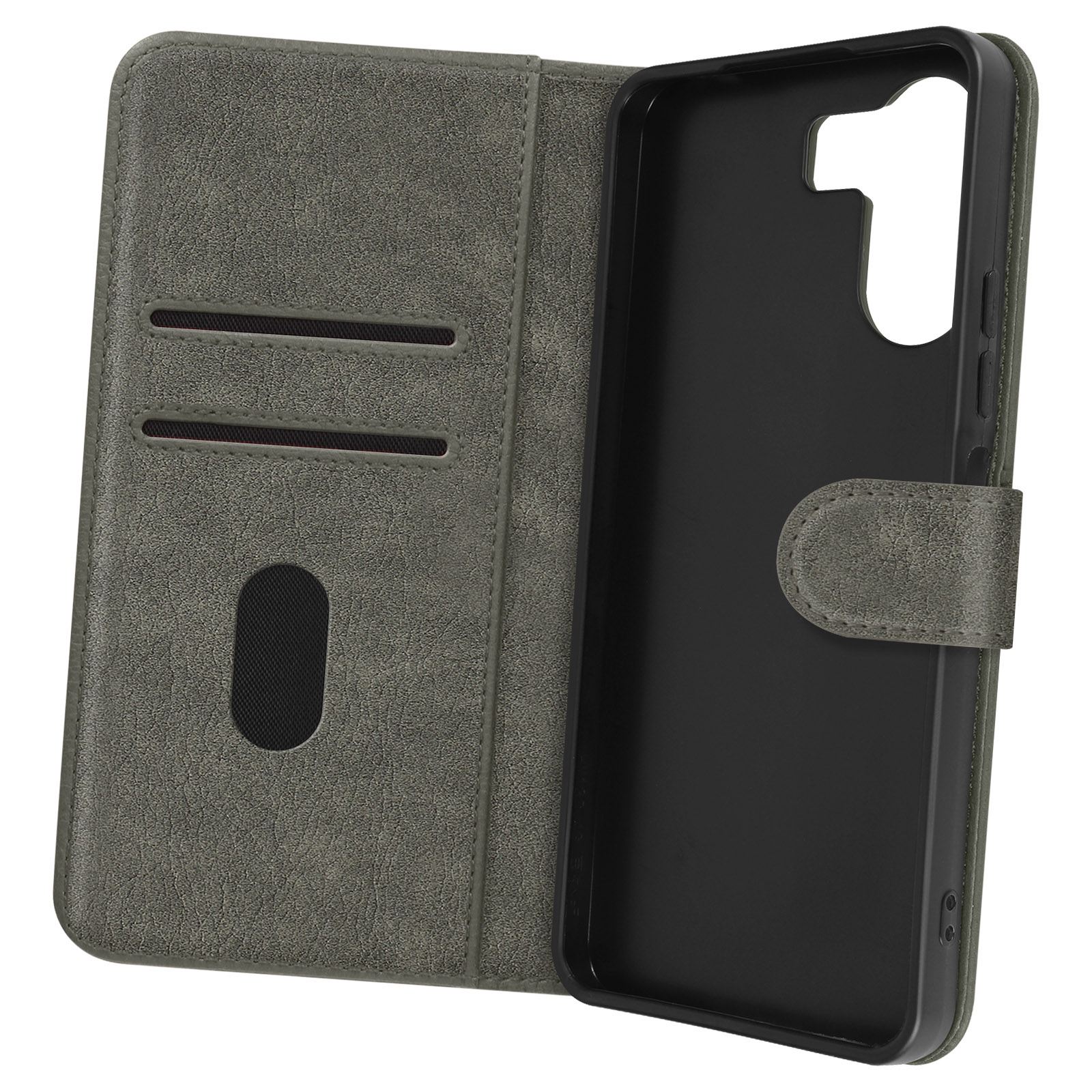 Custodia per telefono grigia aperta, con fessure per carte e un telefono all'interno, che mostra una chiusura magnetica.