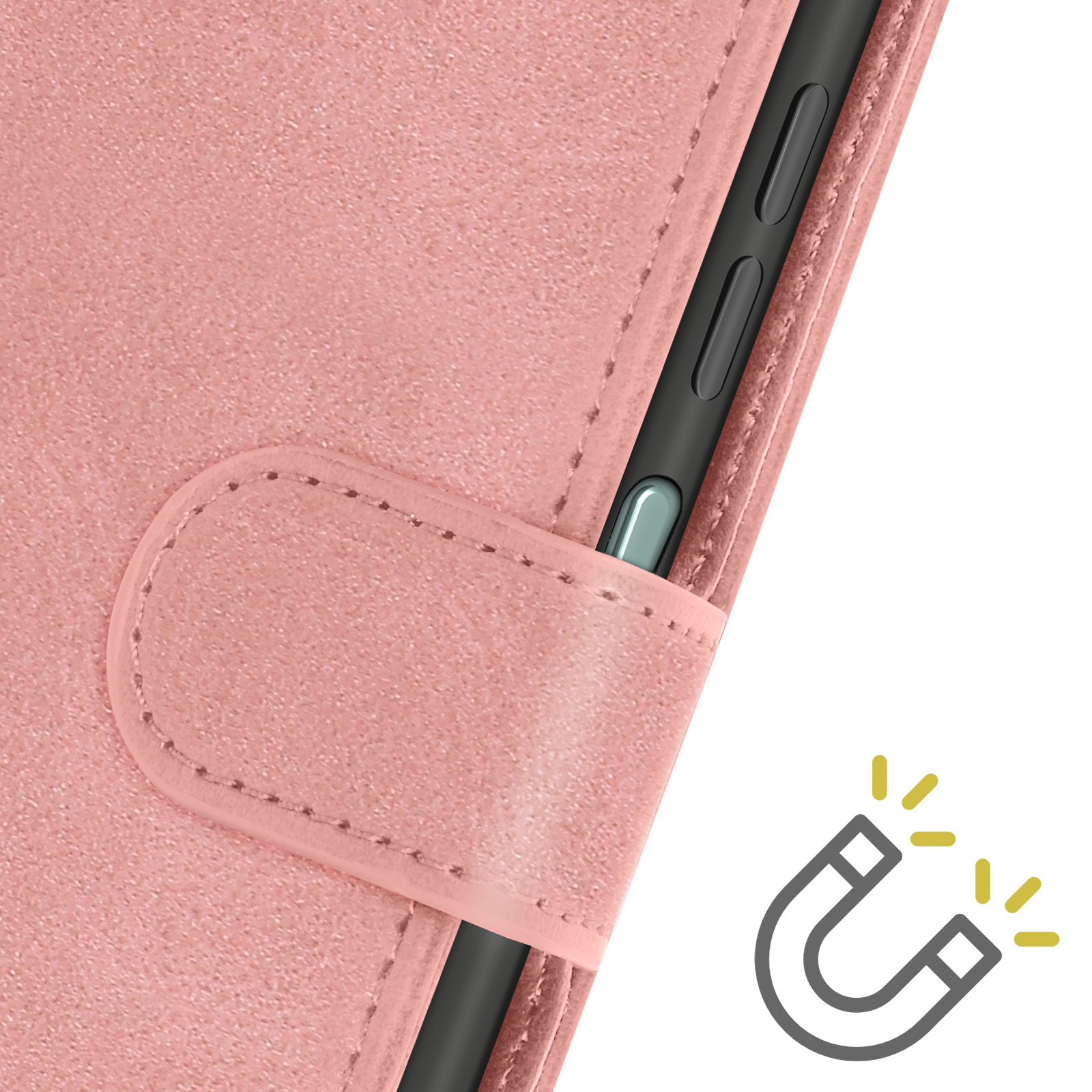 Custodia rosa per telefono, chiusa con un magnete. Un simbolo del magnete viene mostrato vicino alla custodia.