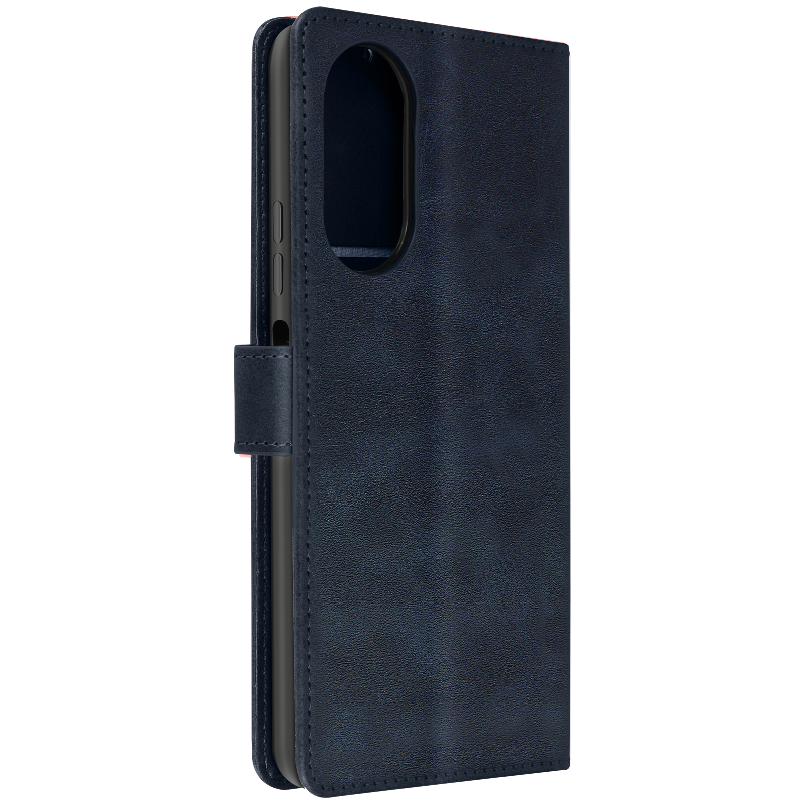Una custodia blu navy con un telefono all'interno. La custodia è chiusa con un fermaglio. Sfondo bianco.