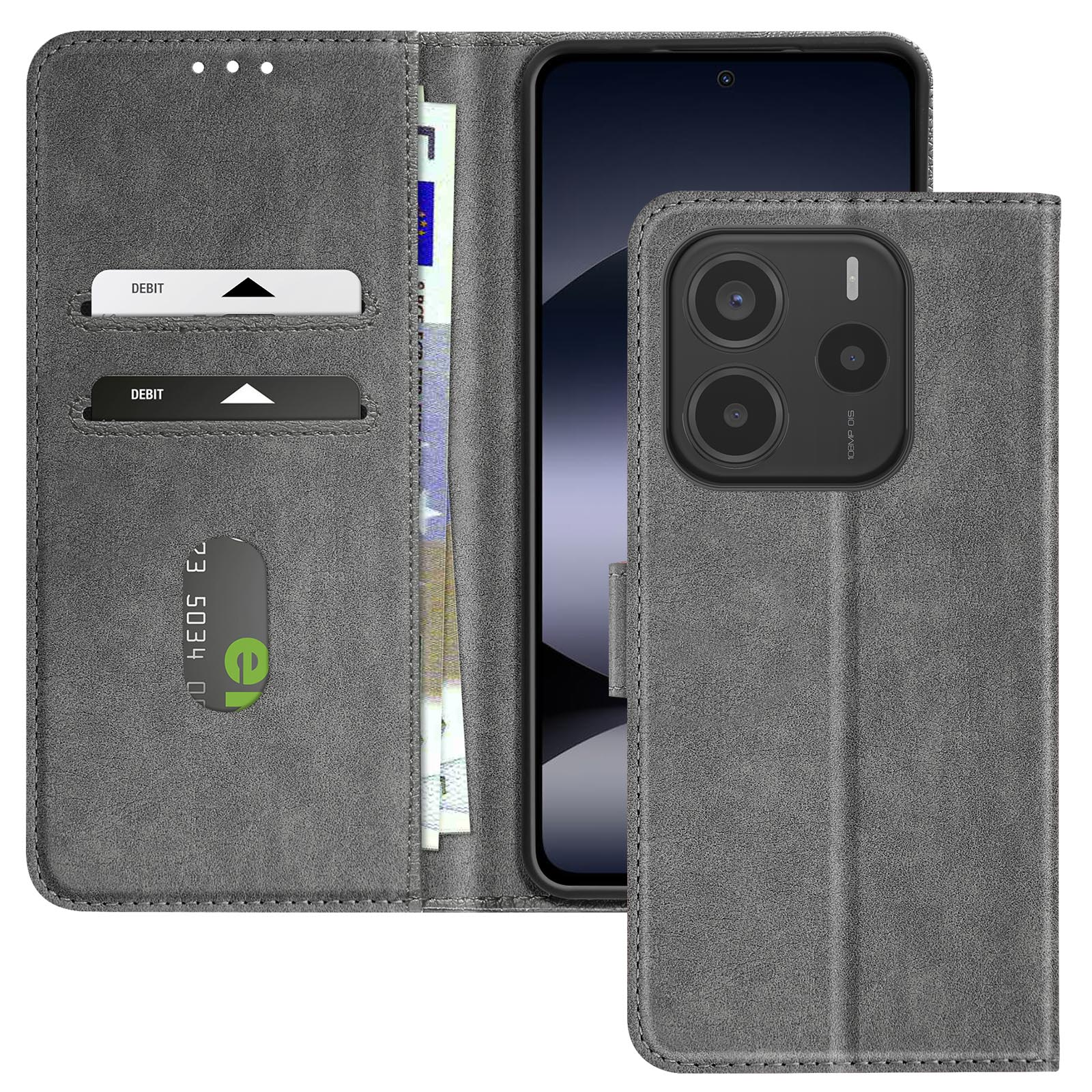 Custodia per telefono grigia aperta con telefono dentro. Carte e contanti visibili.
