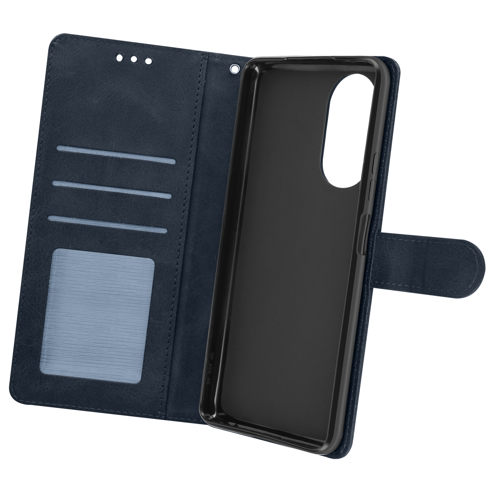 Custodia blu navy aperta con telefono all'interno. Fessure per carte e chiusura magnetica.
