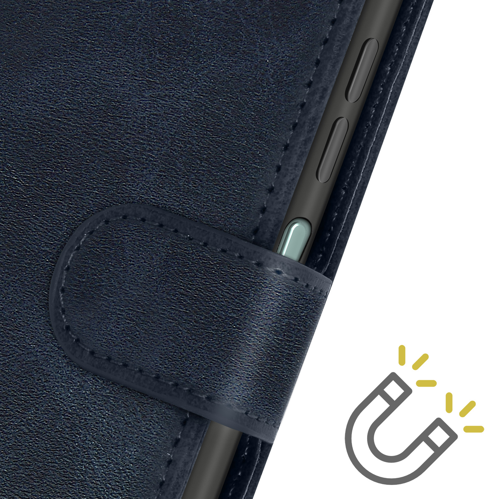 Custodia per telefono blu scuro con chiusura magnetica. Un simbolo a calamita è accanto alla custodia.