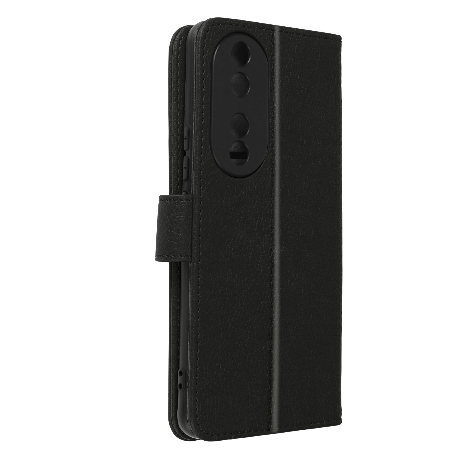 Custodia nera per telefono con patta e zona fotocamera.