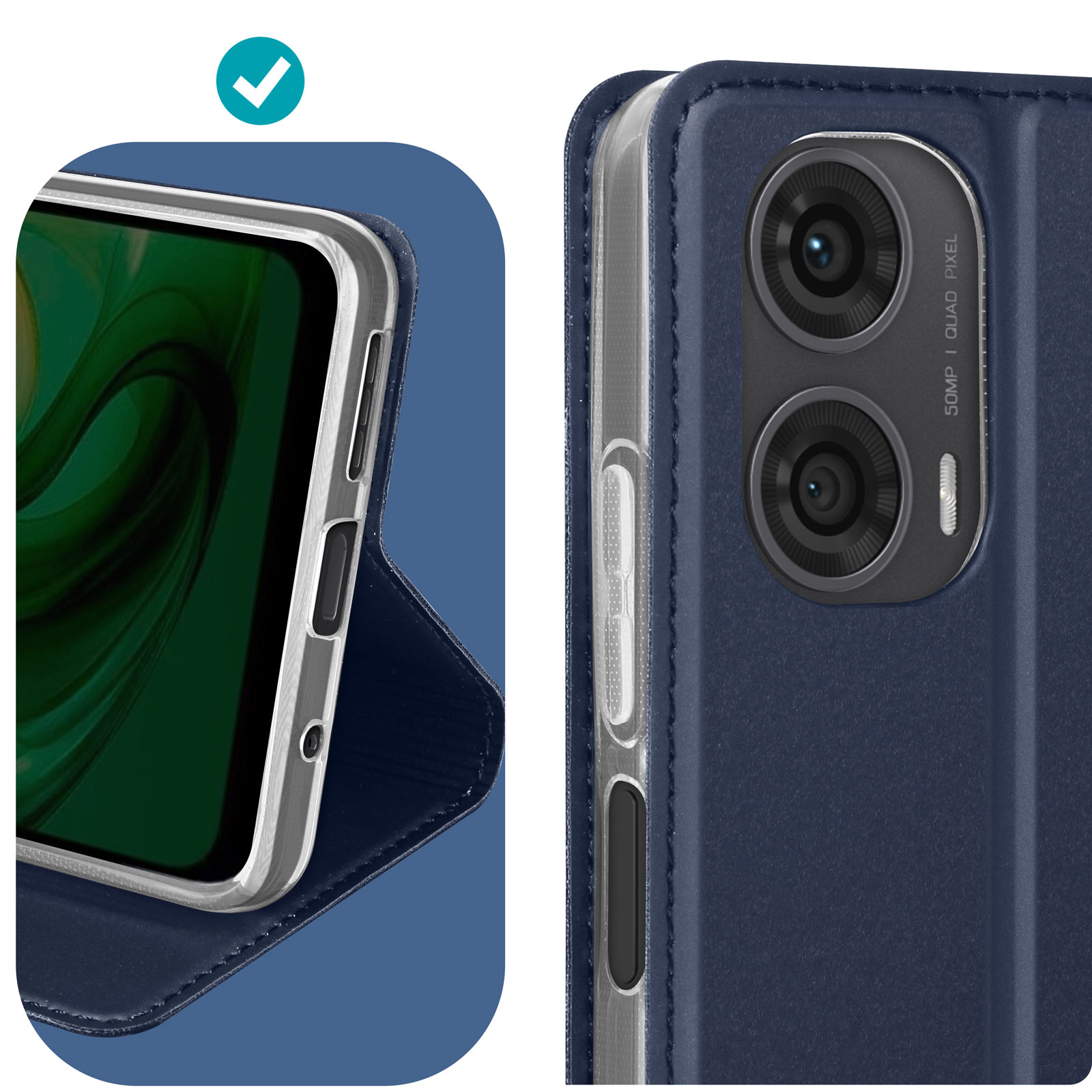 Custodia per telefono blu scuro, aperta, che mostra un telefono con fotocamera e spunta.