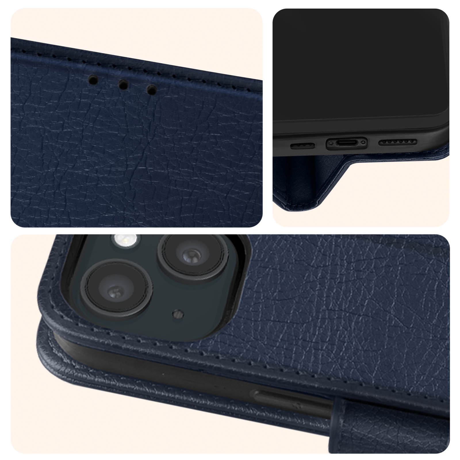 Custodia blu per telefono. Primi piani: parte superiore, porta di ricarica e dettagli della fotocamera. Sfondo beige chiaro.