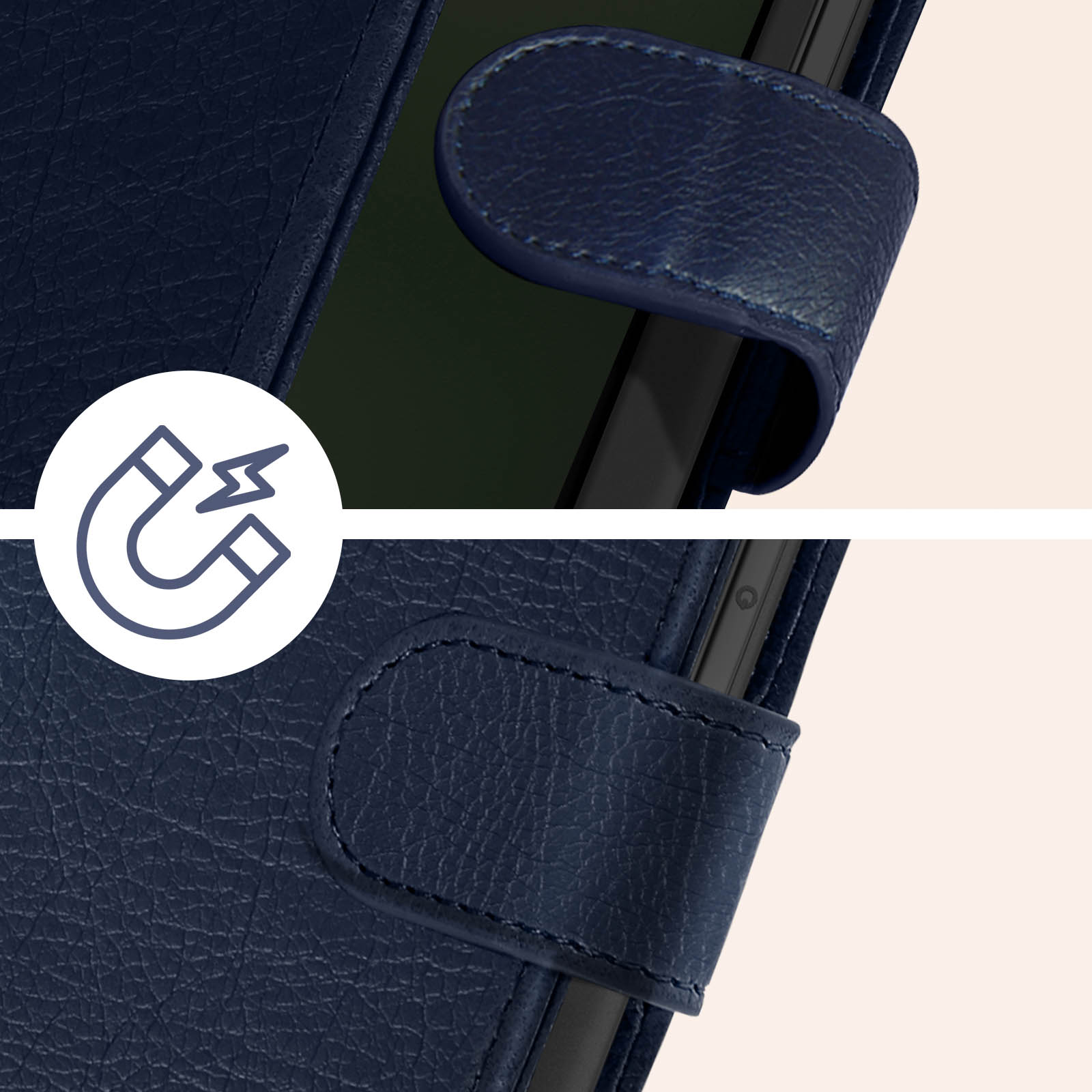 Custodia blu con chiusura magnetica. La custodia ha una texture in pelle e un simbolo magnetico.