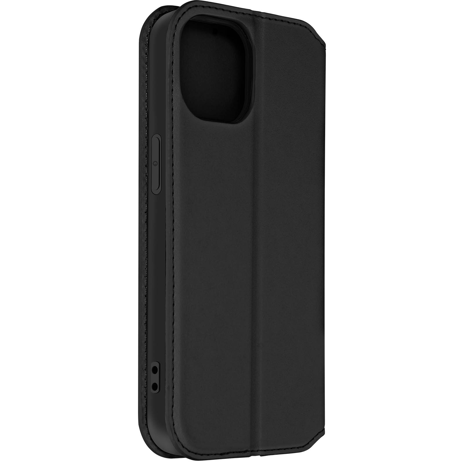 Custodia nera per telefono, chiusa, con fori per fotocamera e pulsanti. Composizione verticale.
