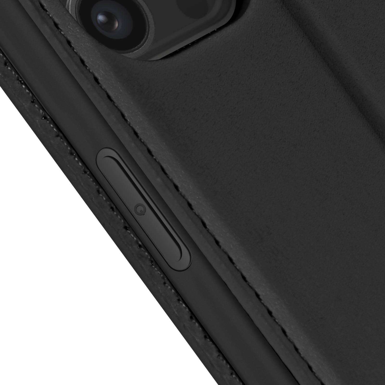 Primo piano sul lato di una custodia per telefono nera, che mostra un pulsante.