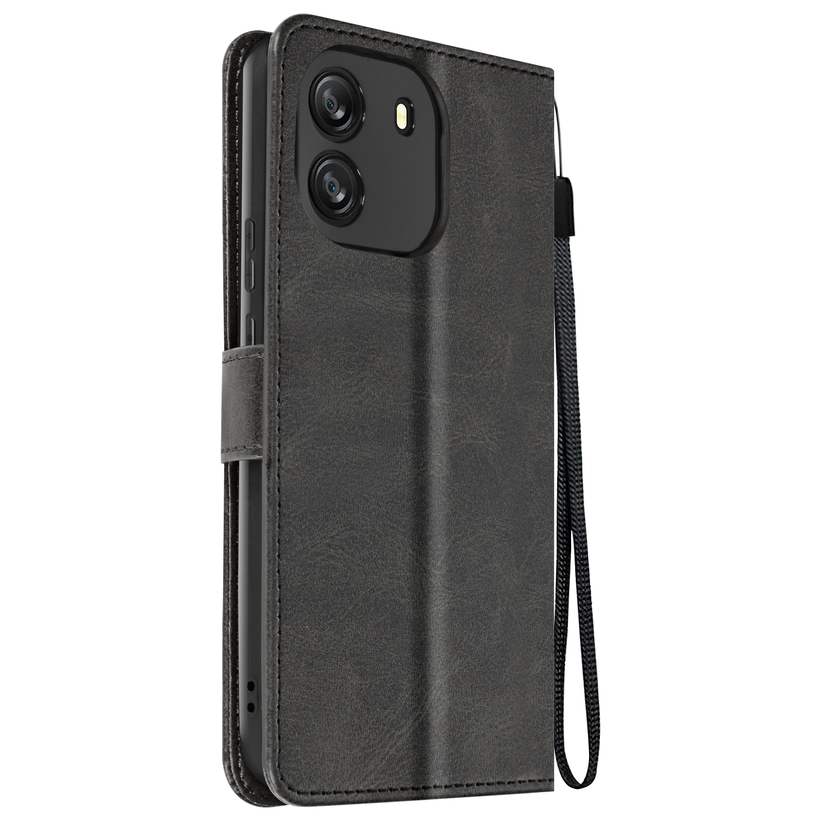 Schwarze Handyhülle, offen, mit Riemen. Weißer Hintergrund. Telefon und Kamera sichtbar.